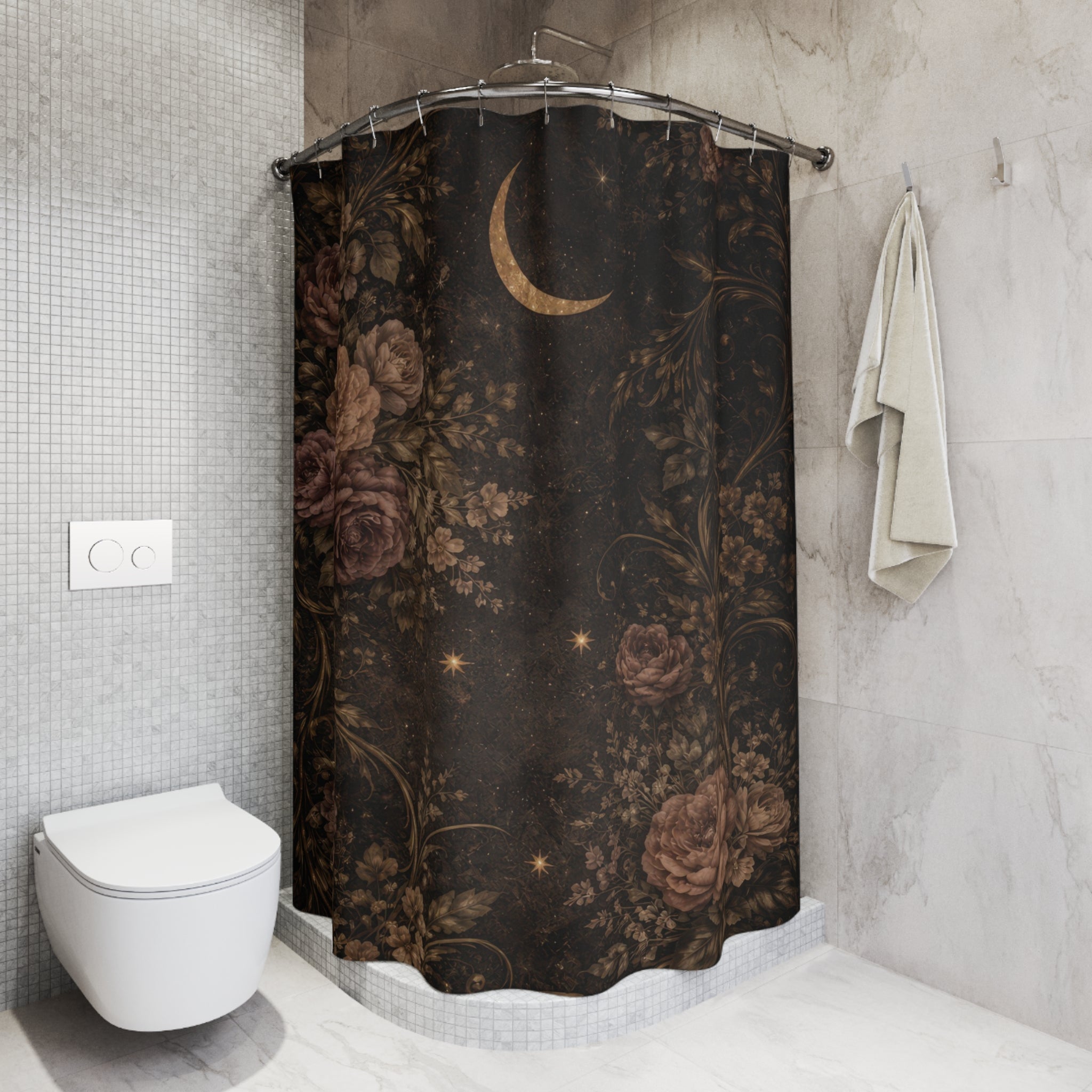 Celestial Dark Floral Shower Curtain — Moon Gothic
