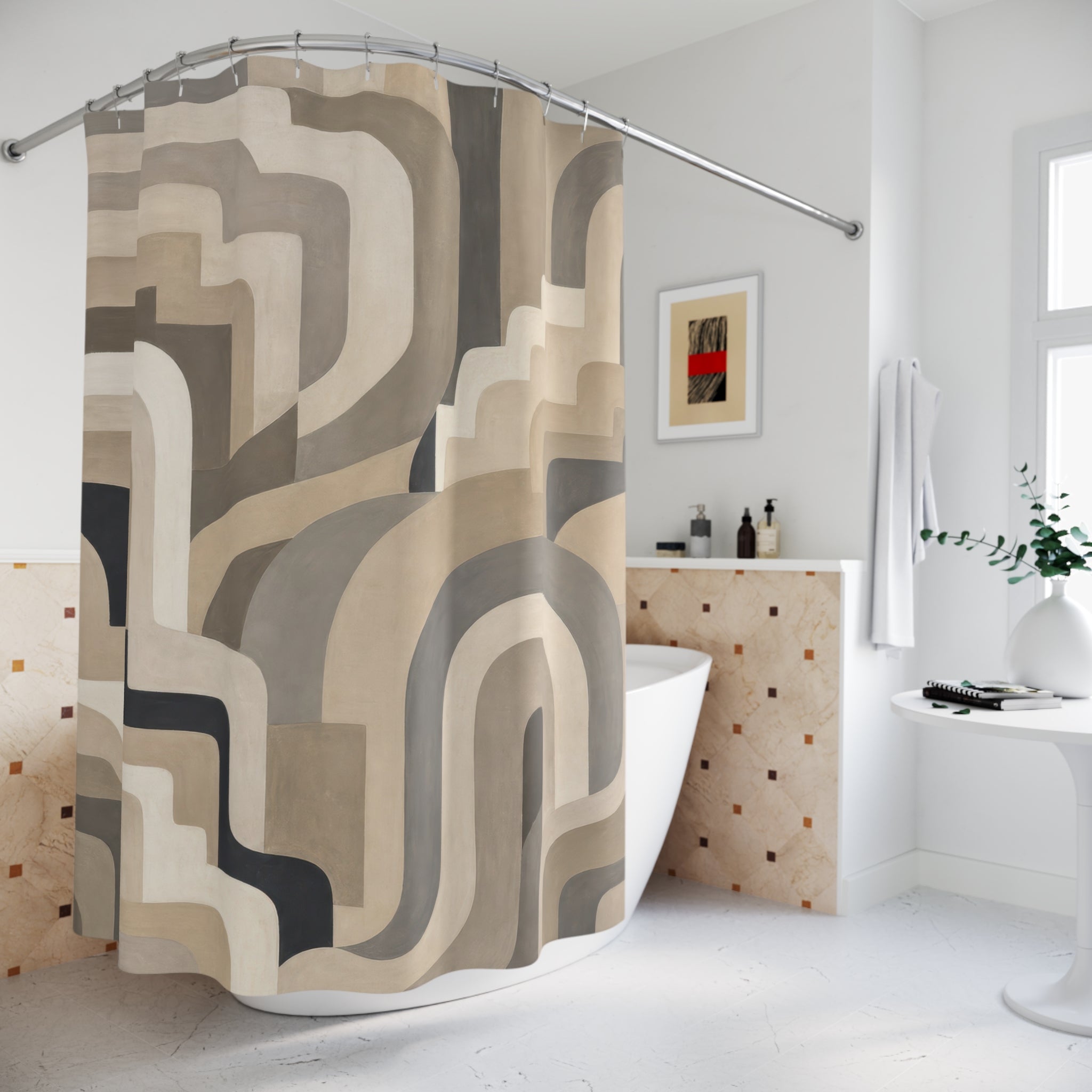 Neutral Stone Ribbon Geometric Shower Curtain