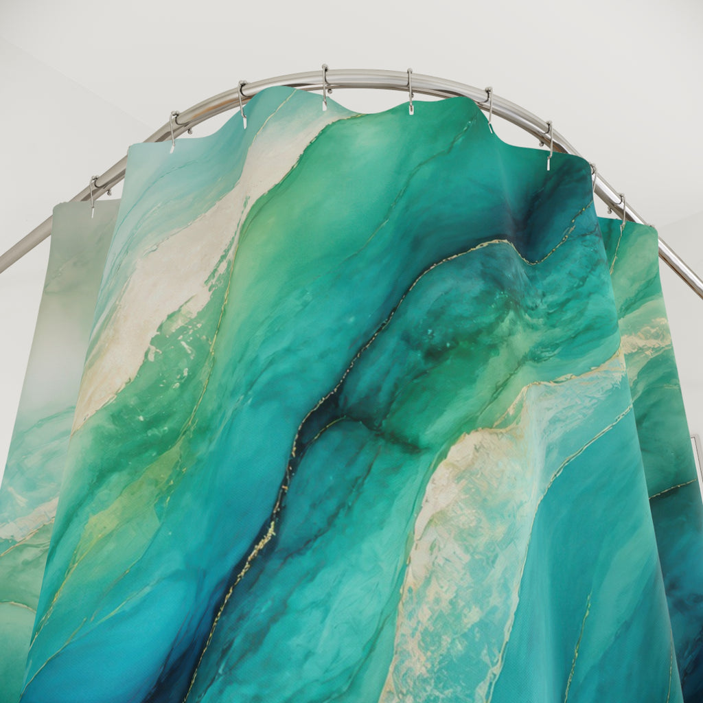 Sweeping turquoise and peacock blue abstract tidal veils shower curtain with close-up print, hooks, and folds