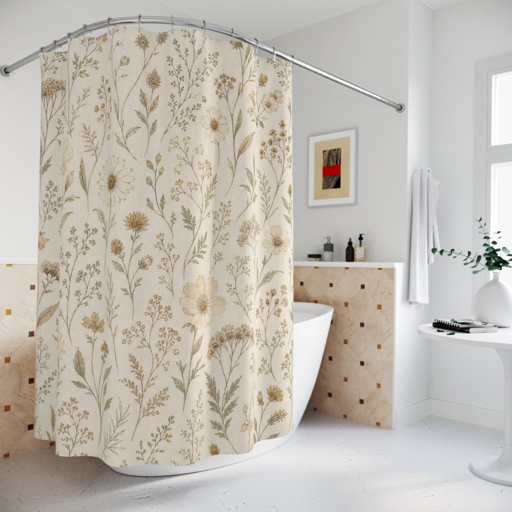 Beige Meadow Botanical Shower Curtain