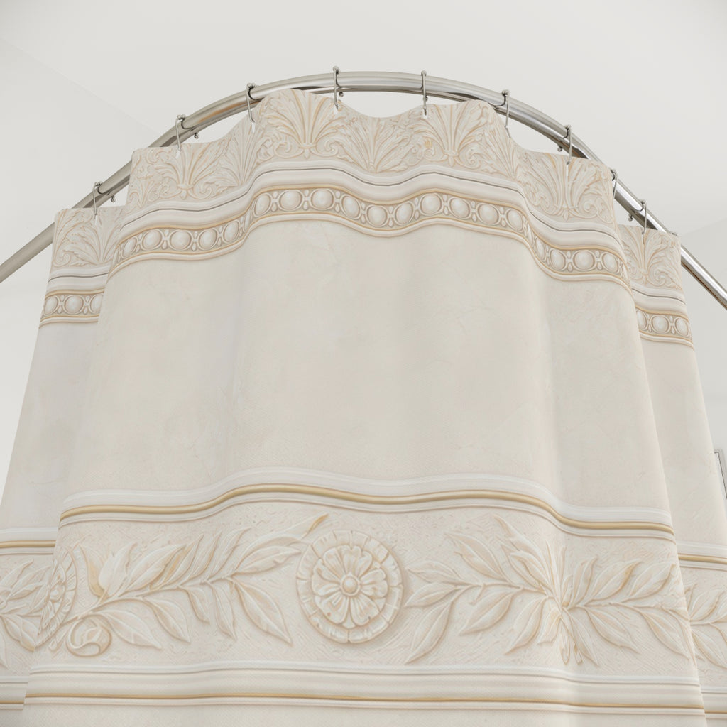 Striped Shower Curtain, Cream Beige Bath Decor, Ornamental Border Pattern, Elegant Neutral Guest Bathroom Decor, Classic Border Style