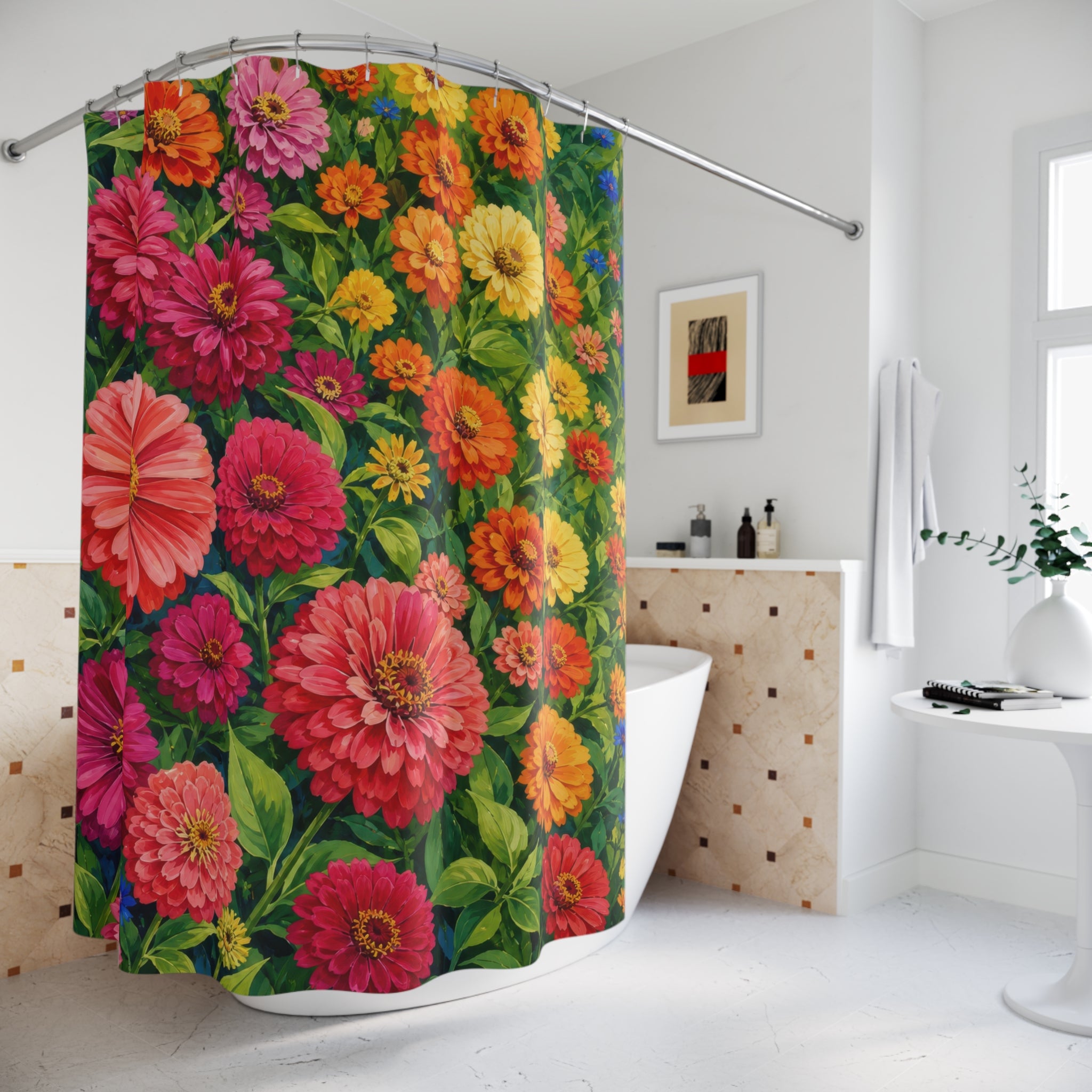 Colorful summer zinnia garden shower curtain beside a freestanding tub