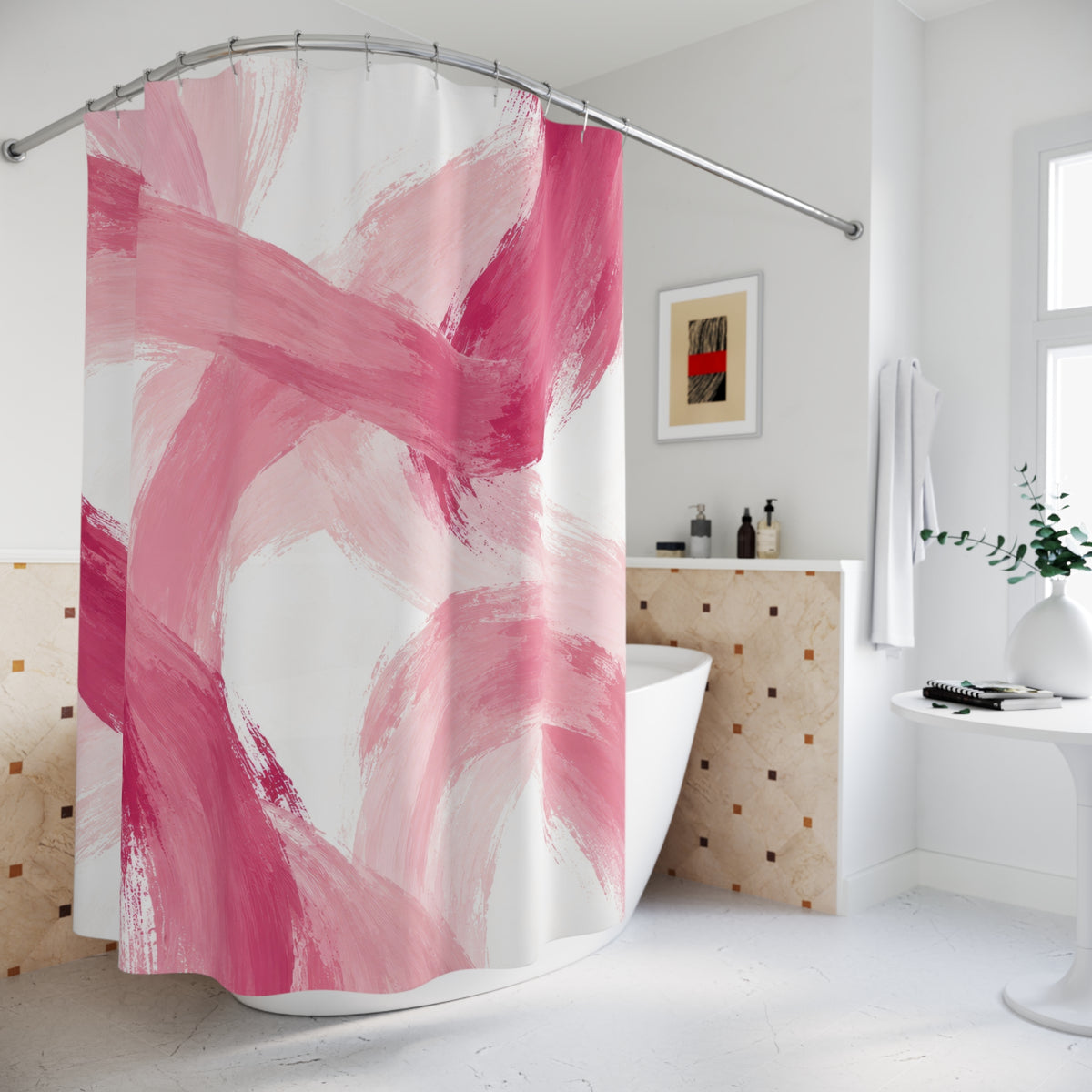 Sweeping rose and blush brushstrokes across white shower curtain beside a freestanding tub
