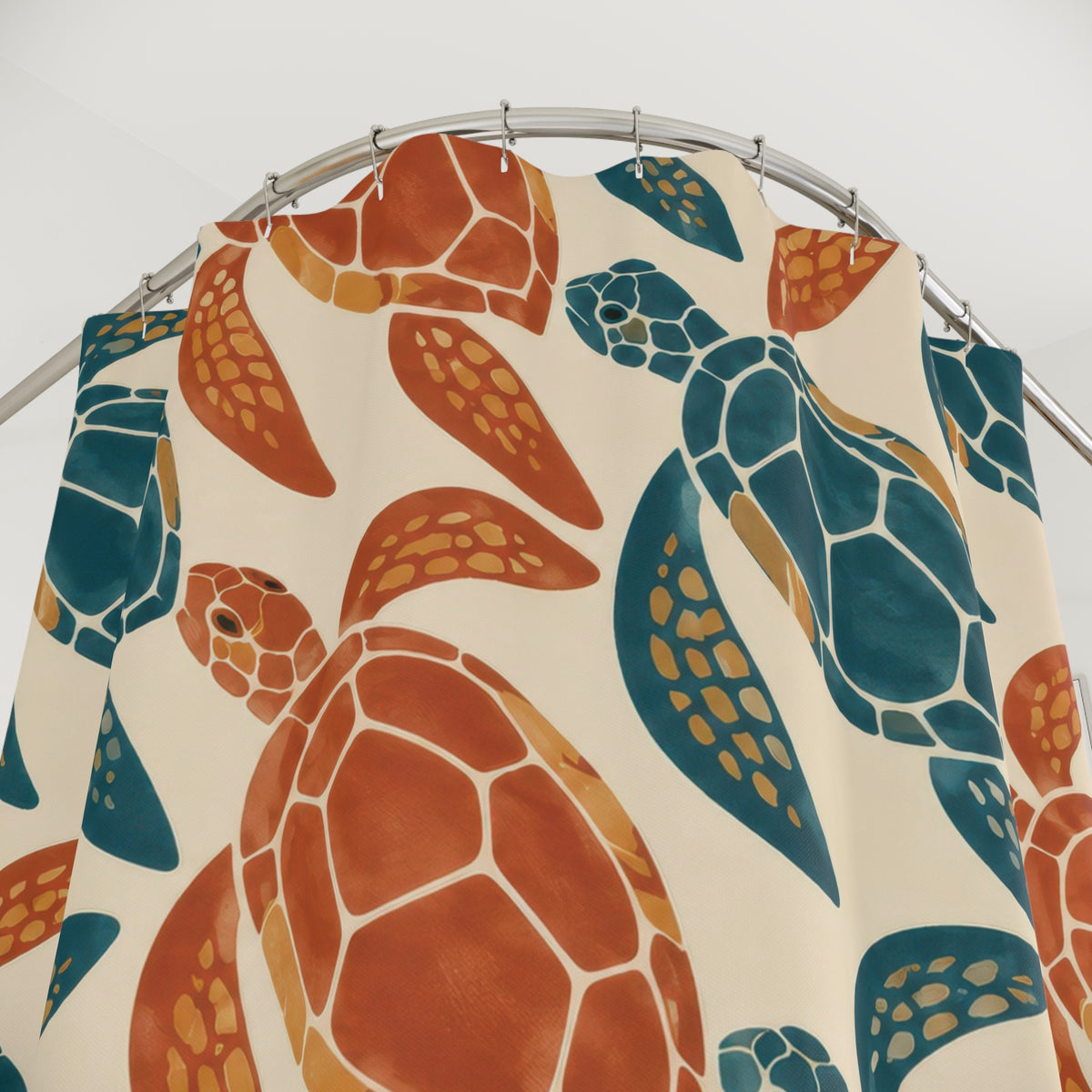 Teal and terracotta sea turtle pattern shower curtain with close-up print, hooks, and folds