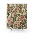 Pink and cream hollyhocks with olive leaves shower curtain with full front view