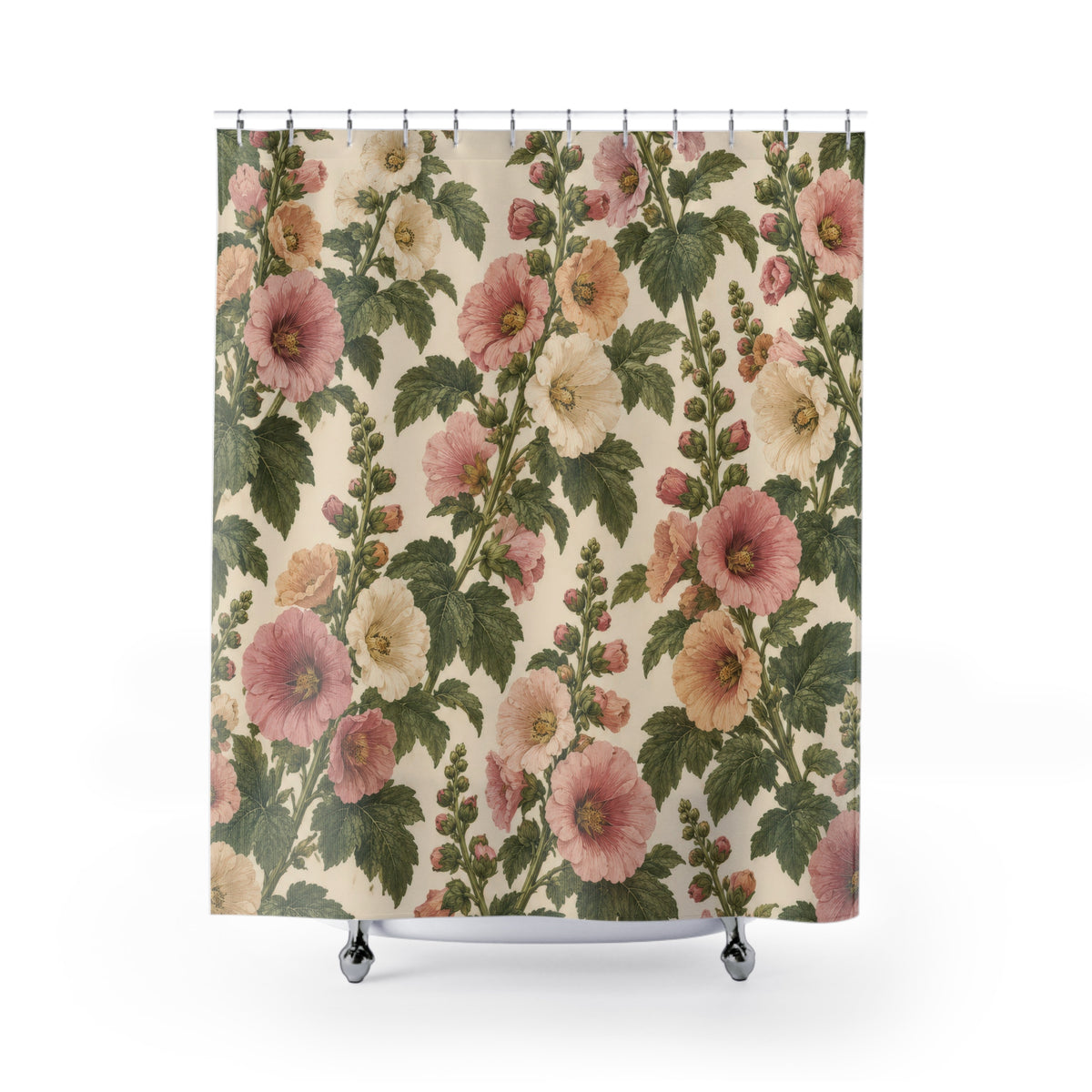 Pink and cream hollyhocks with olive leaves shower curtain with full front view
