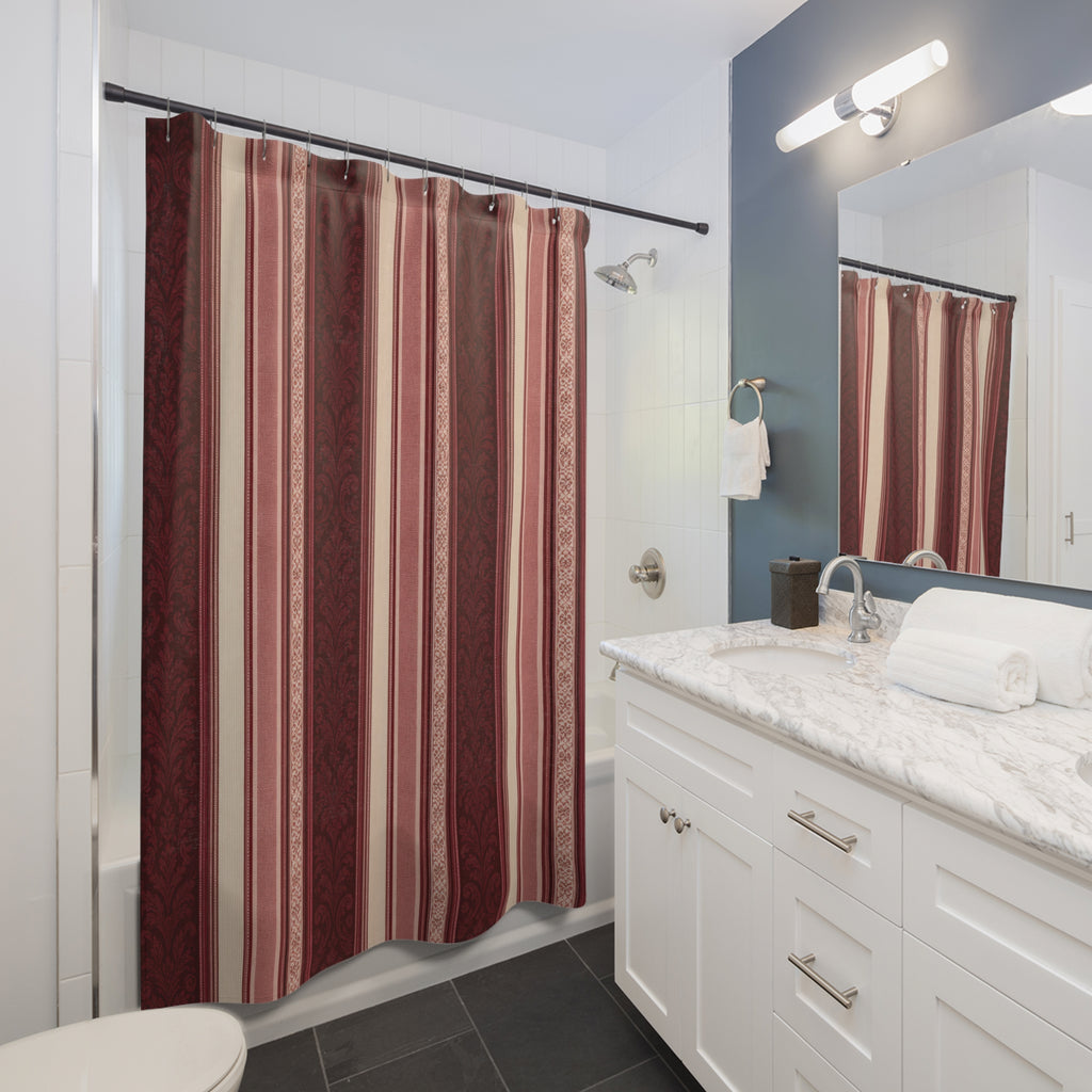 Burgundy Ornamental Stripe Shower Curtain, Burgundy Wine Classic Bathroom Decor, Modern Stripe Bath Curtain, Guest Bath Decor, Home Decor