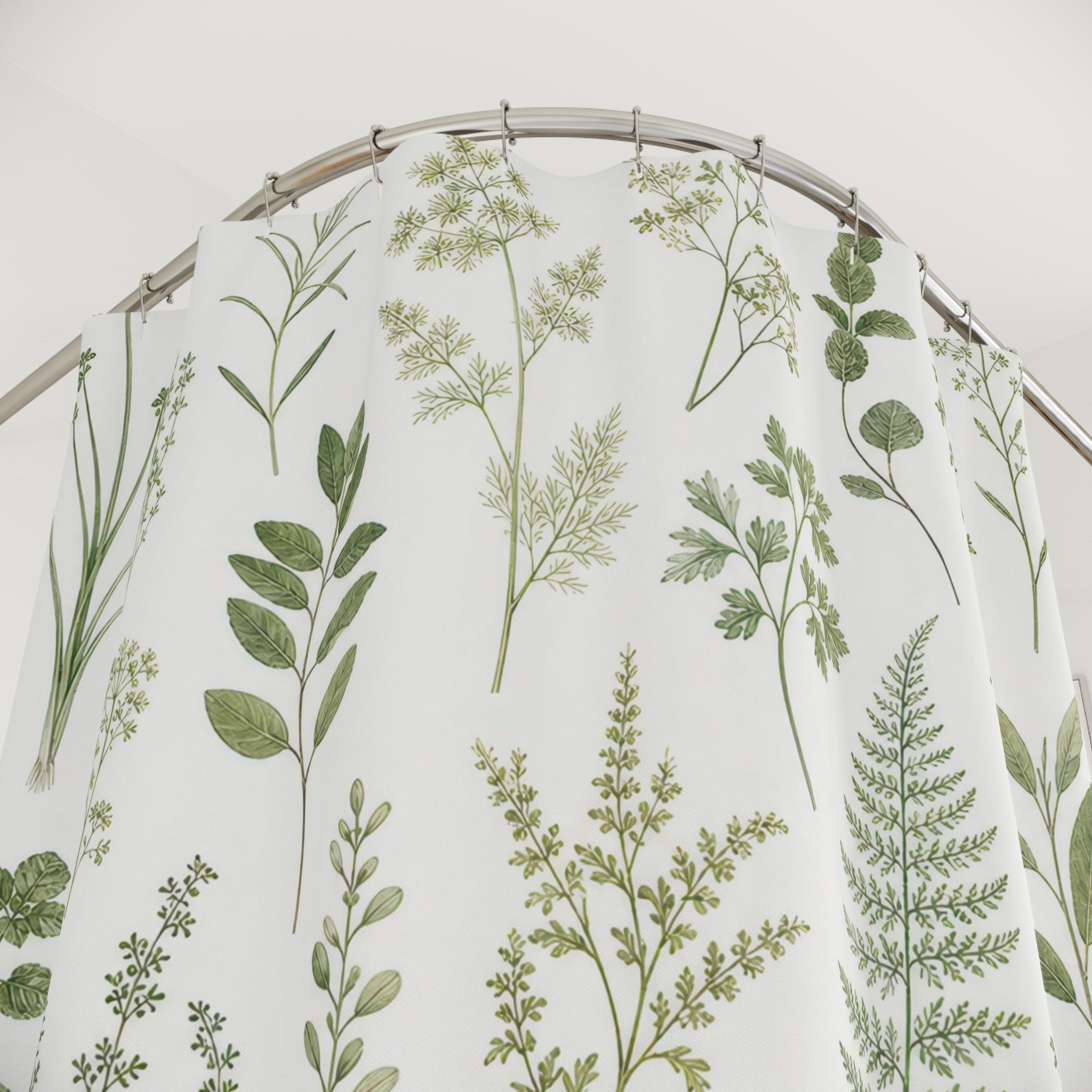 Green White Herb Stem Shower Curtain
