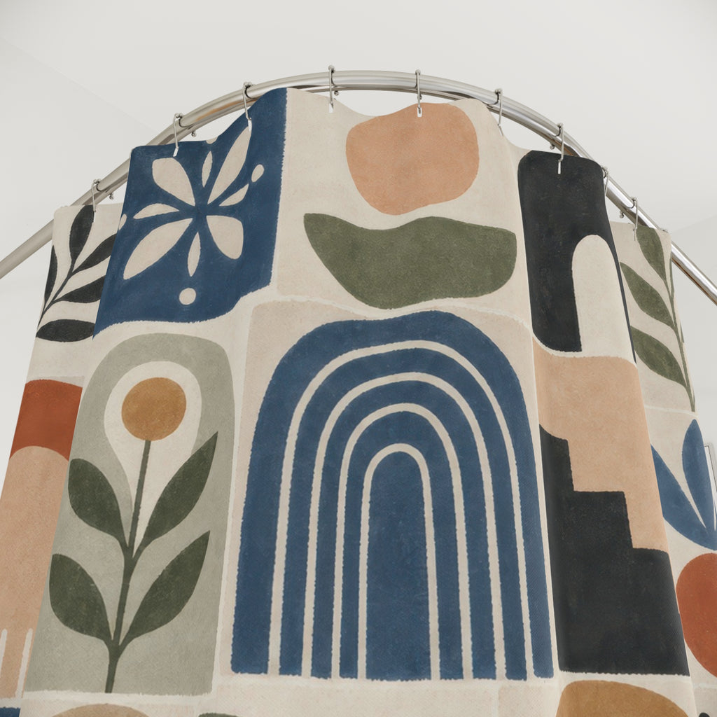Mid Century Shower Curtain, Retro Arch Tile Pattern, Botanical Geometric Bath Decor, Blue Terracotta Green Modern Bathroom Art, Playful