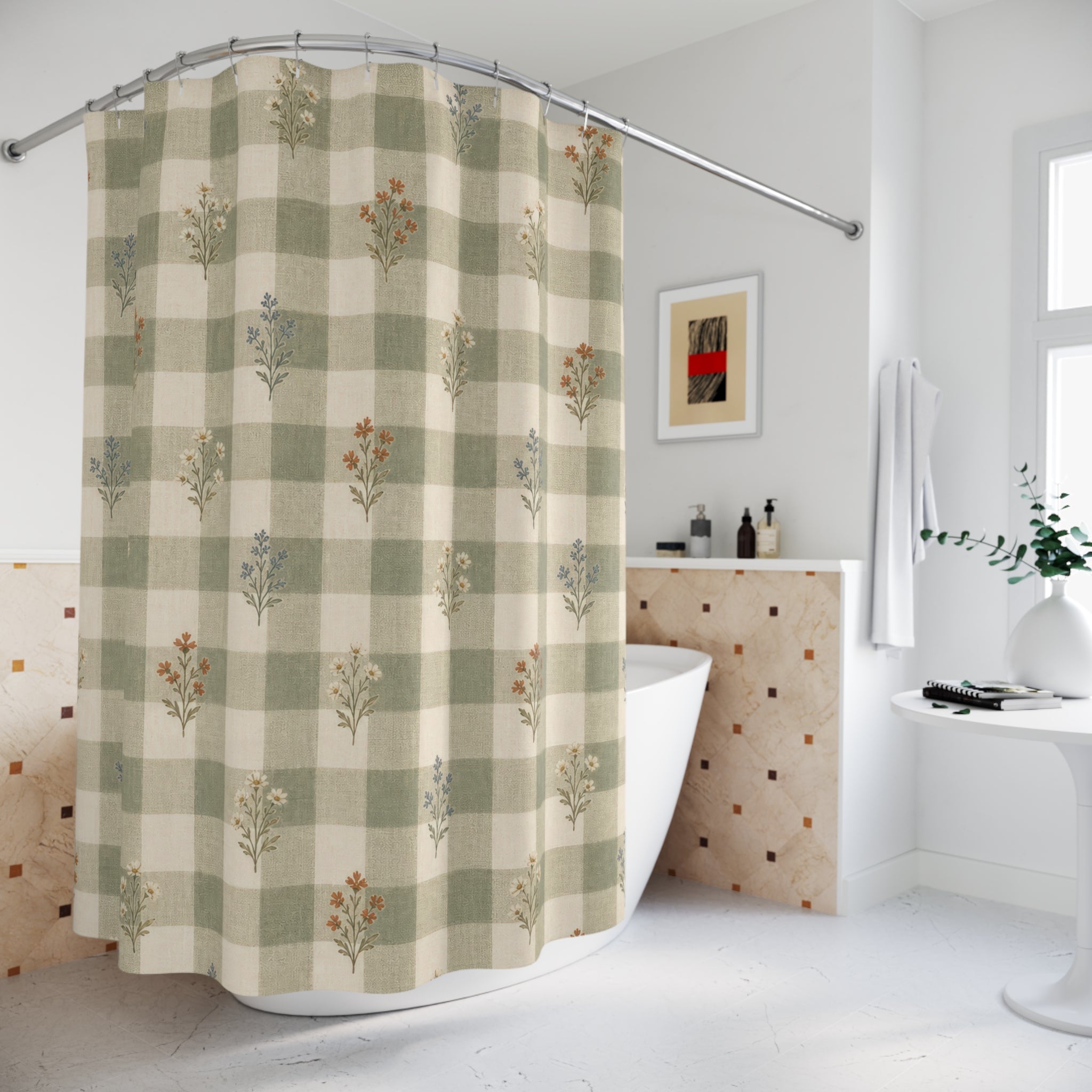 Sage Green Gingham Shower Curtain