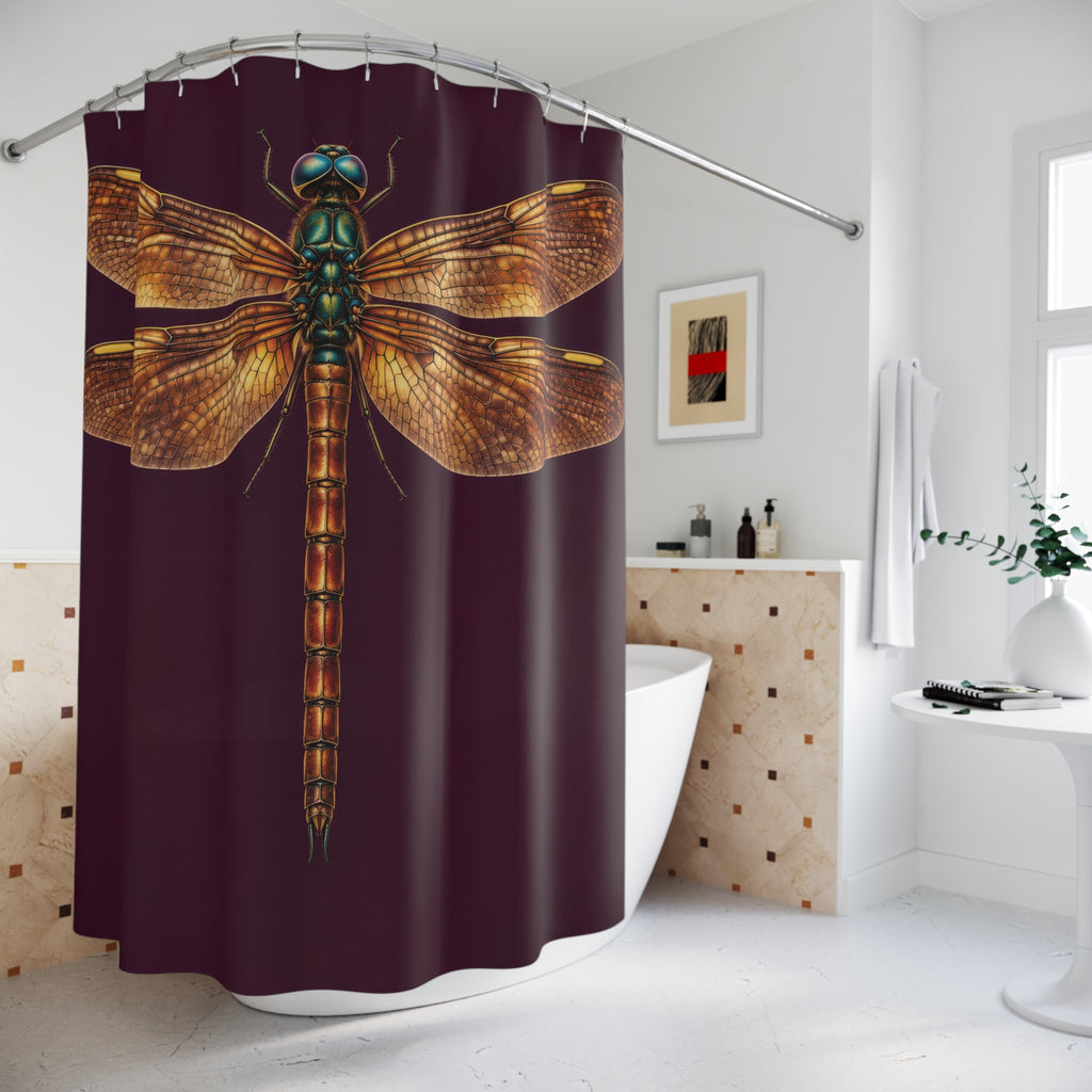 Amber-winged dragonfly on deep plum shower curtain beside a freestanding tub