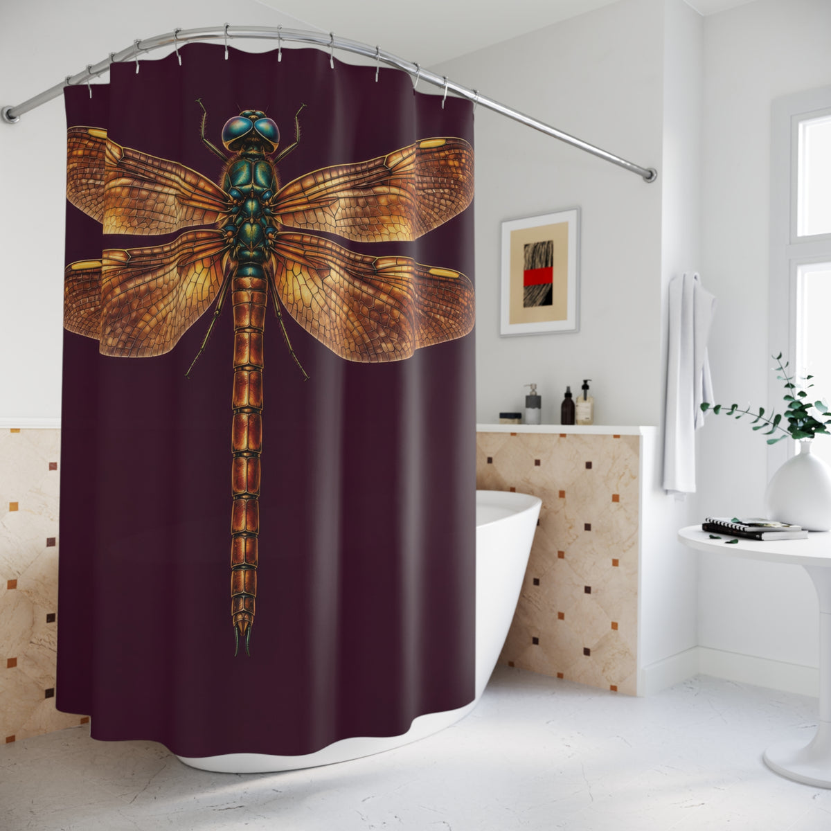 Amber-winged dragonfly on deep plum shower curtain beside a freestanding tub