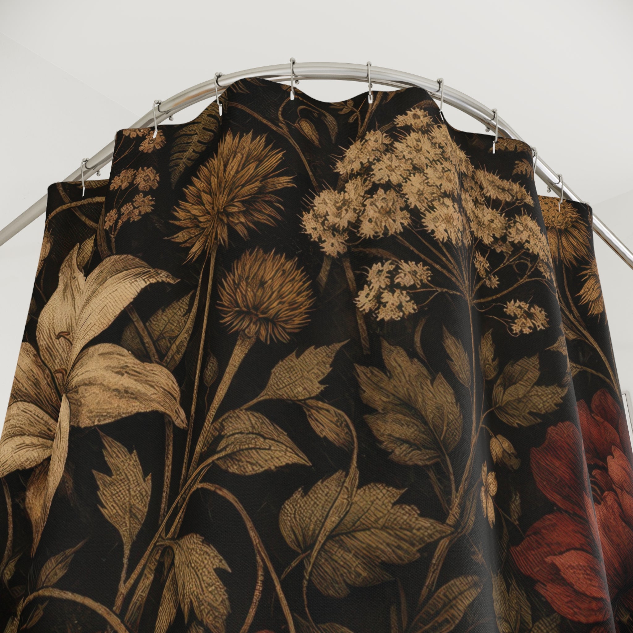 Dark Academia Wildflower Shower Curtain – Near-Black Botanical
