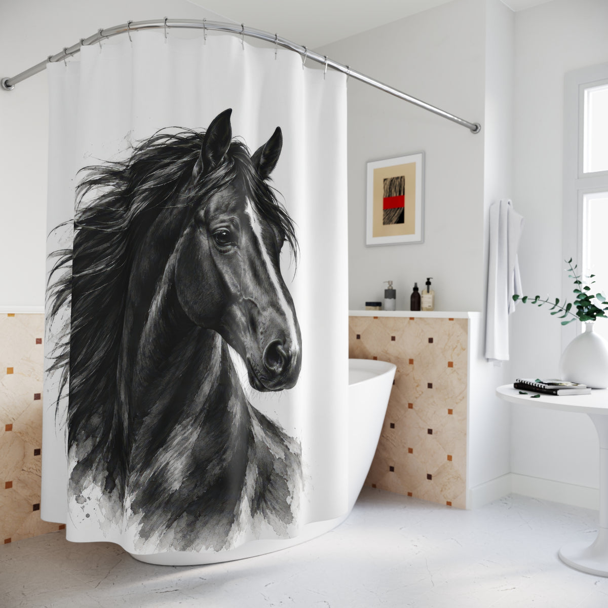 Black horse portrait with a flowing mane on white shower curtain beside a freestanding tub
