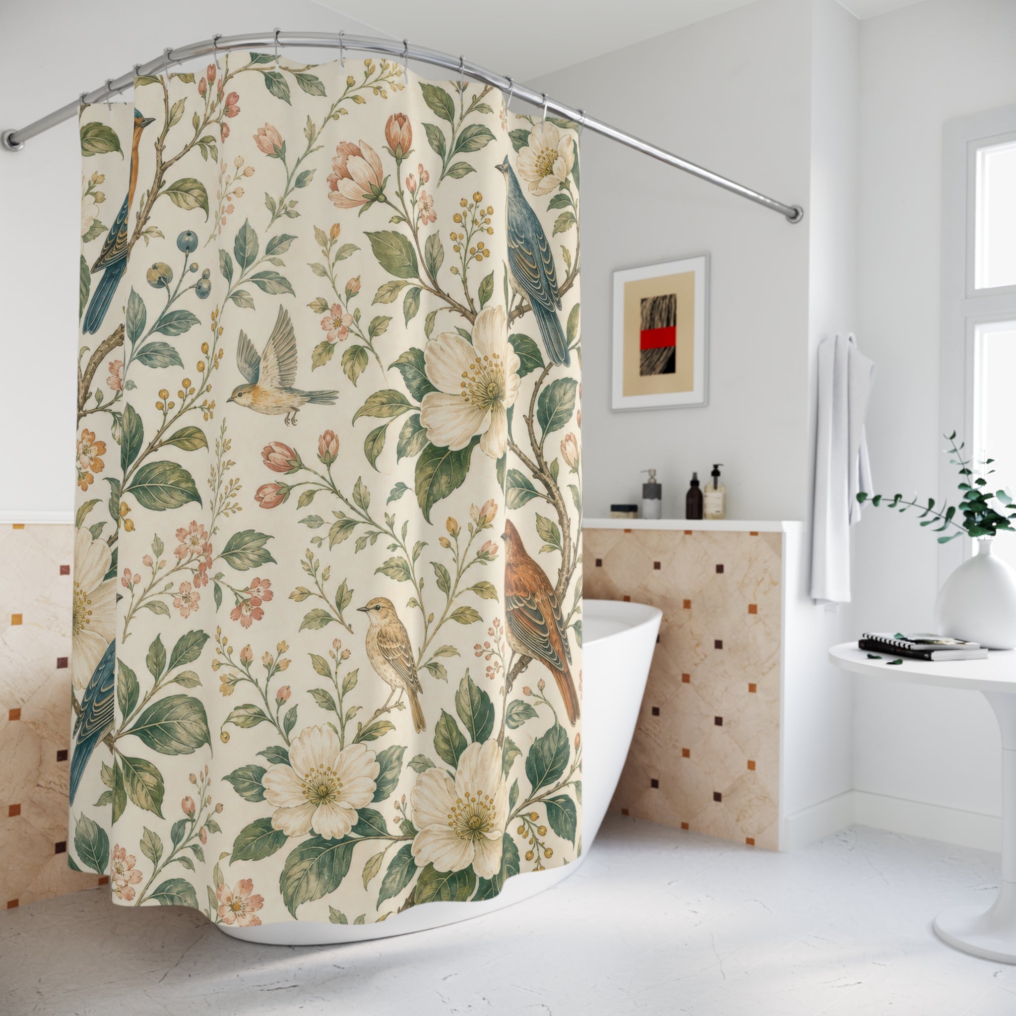 Birds Flowers Floral Shower Curtain