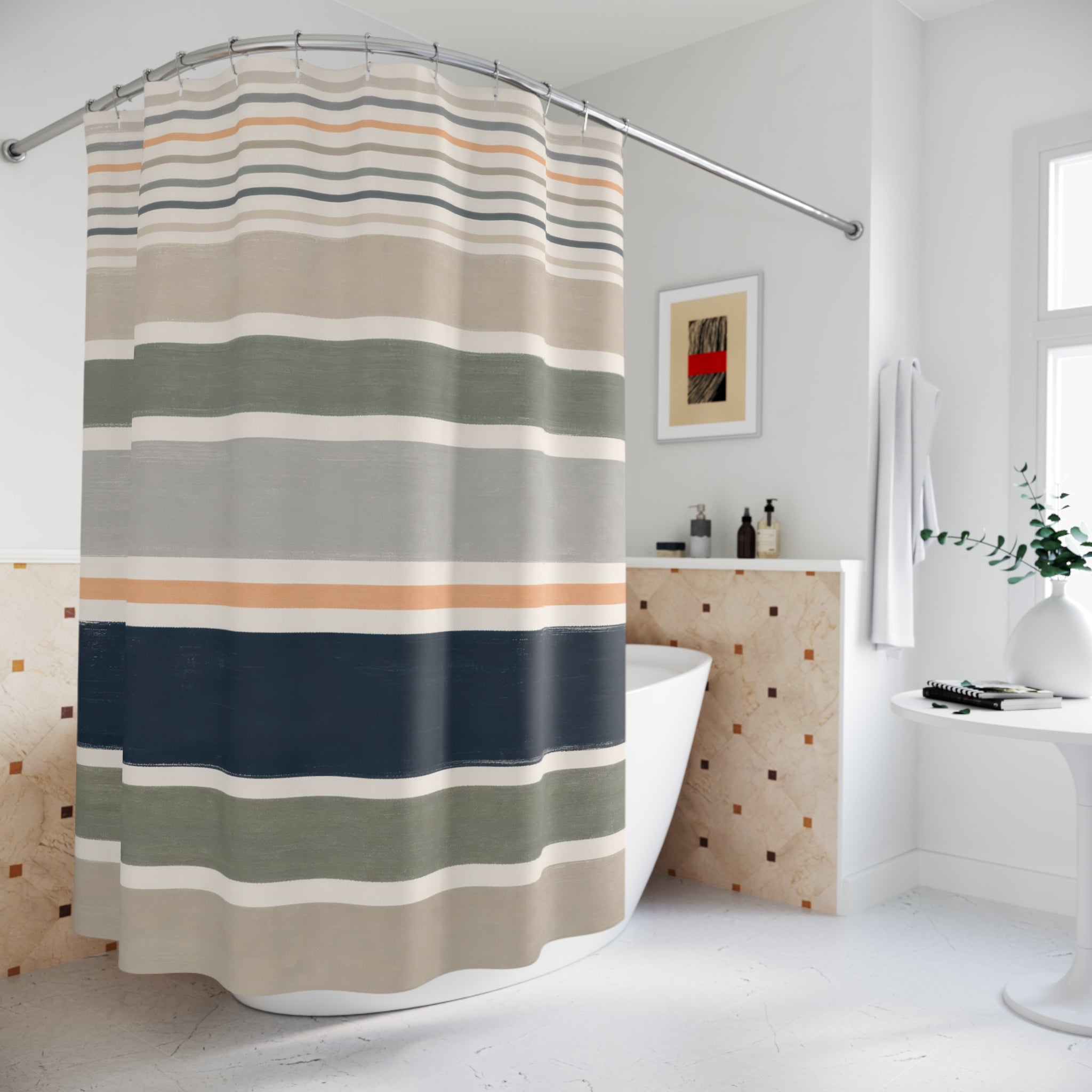 Navy Sage Horizontal Band Shower Curtain