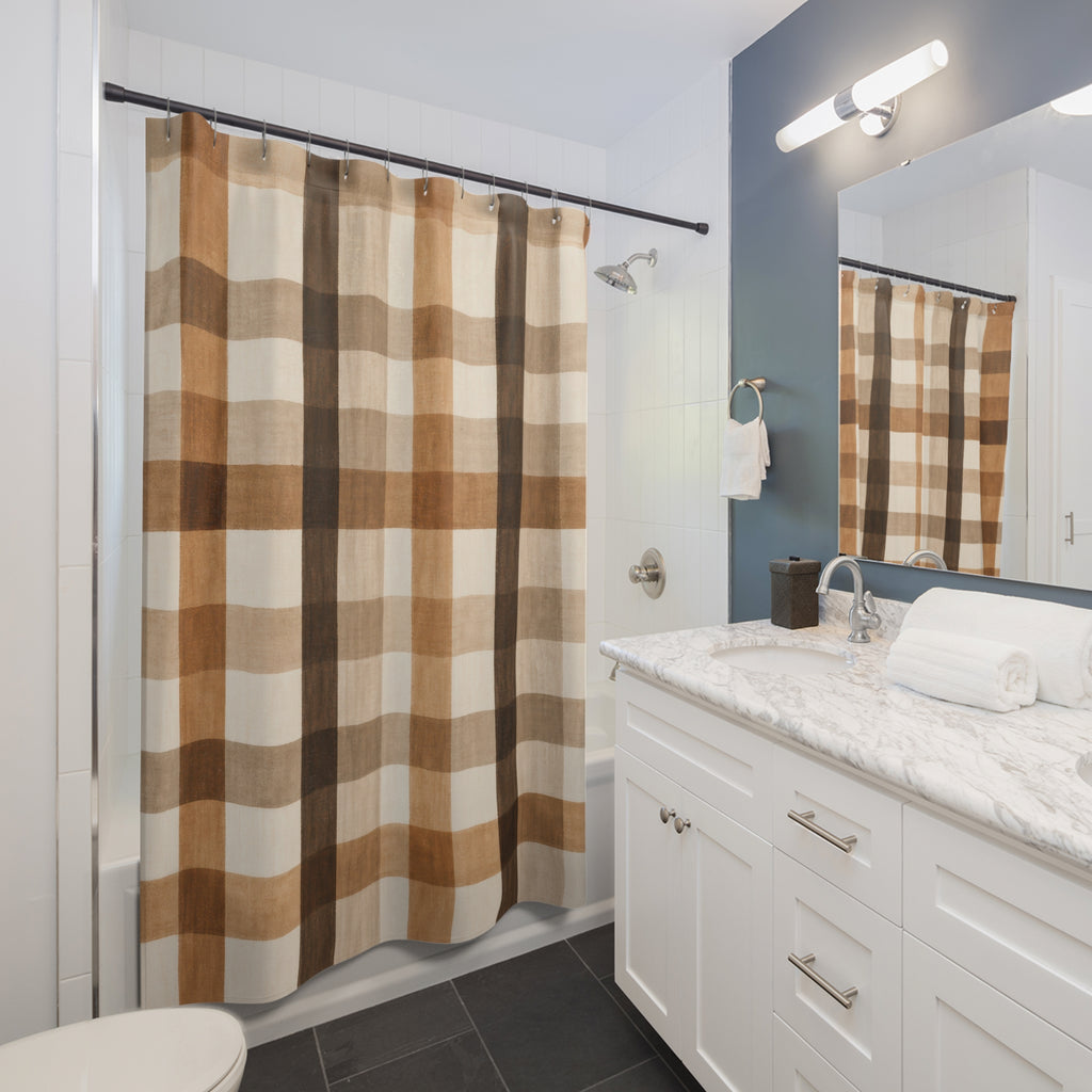 Brown Tan Watercolor Check plaid shower curtain beside a white vanity