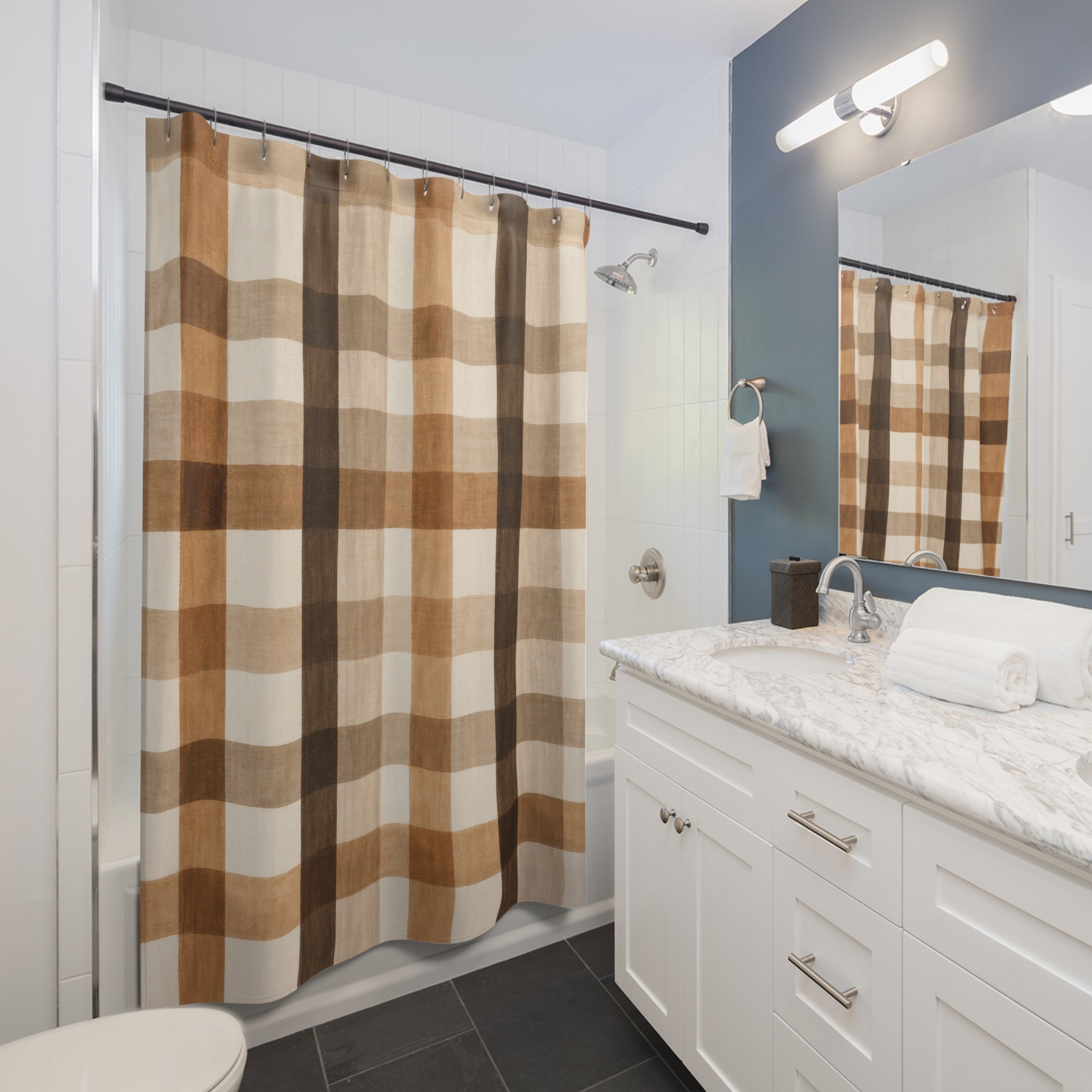 Brown Tan Watercolor Check Shower Curtain