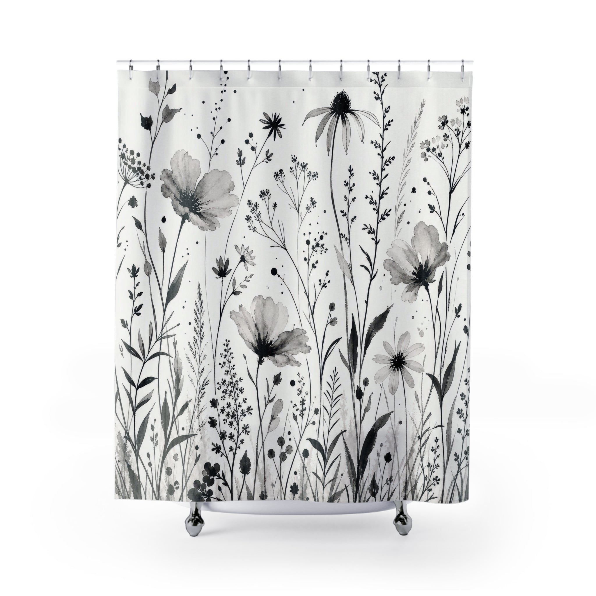 Black White Floral Wildflower Flower Botanical Cottage Shower Curtain