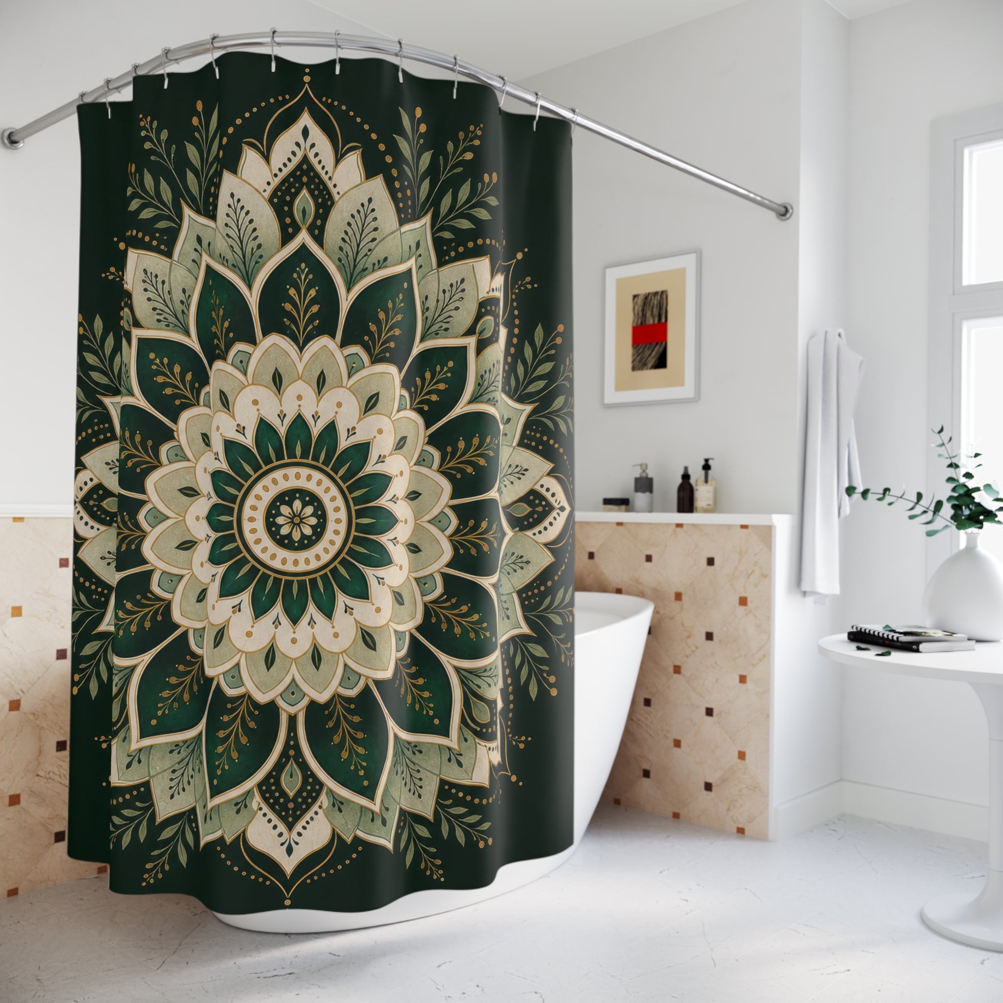 Dark Emerald Gold Medallion Shower Curtain