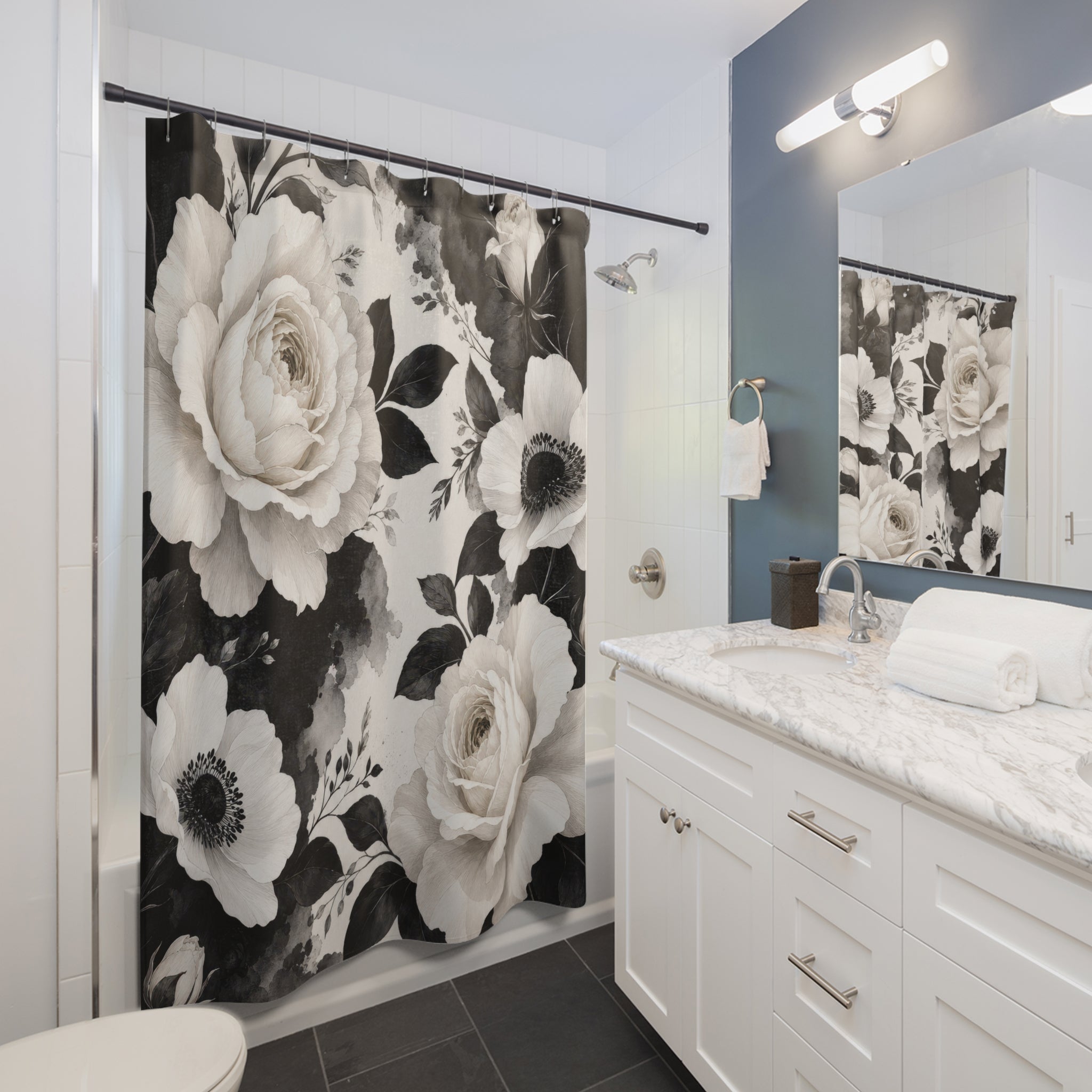 Black and White Floral Shower Curtain: Monochrome Rose Pattern