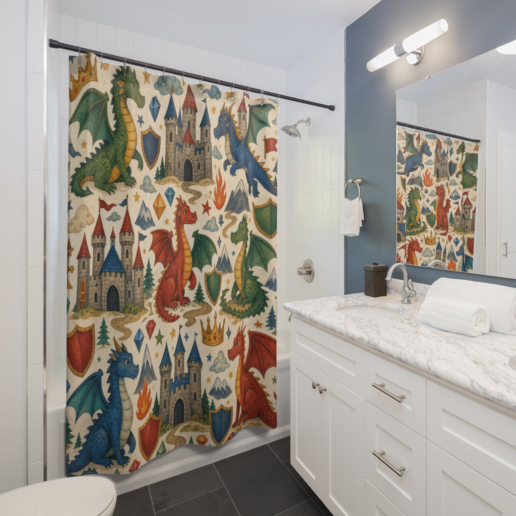 Dragon Castle Shower Curtain, Storybook Kids Bathroom Decor, Fantasy Bath Curtain, Boys Bathroom Decor, Village Pattern, Bath Decor