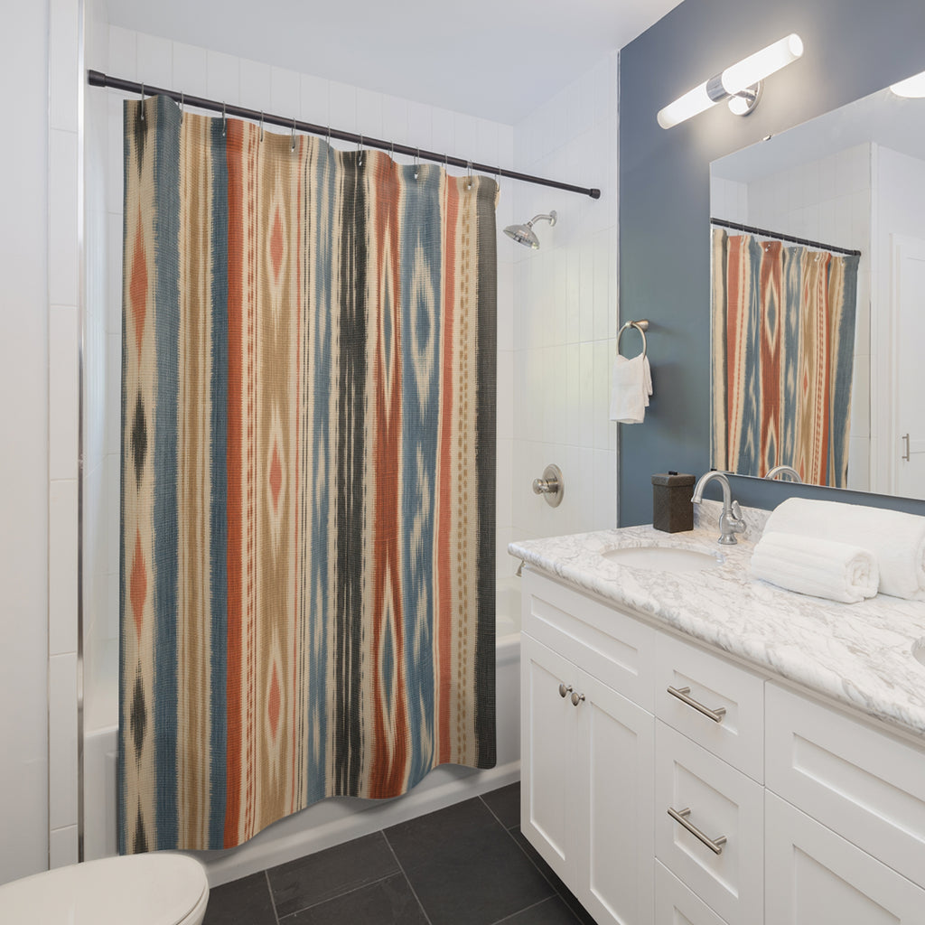 Terracotta Blue Ikat Inspired Stripe Shower Curtain