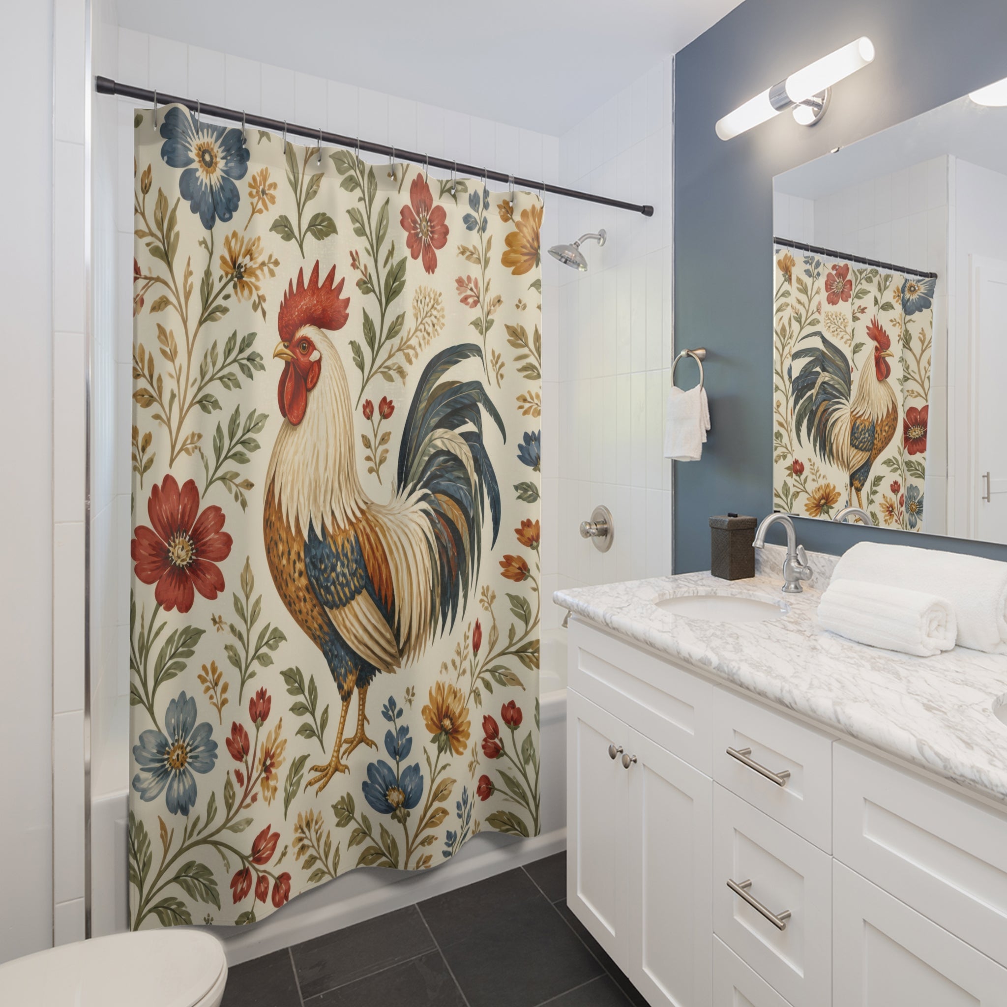 Folk Art Rooster Floral Shower Curtain