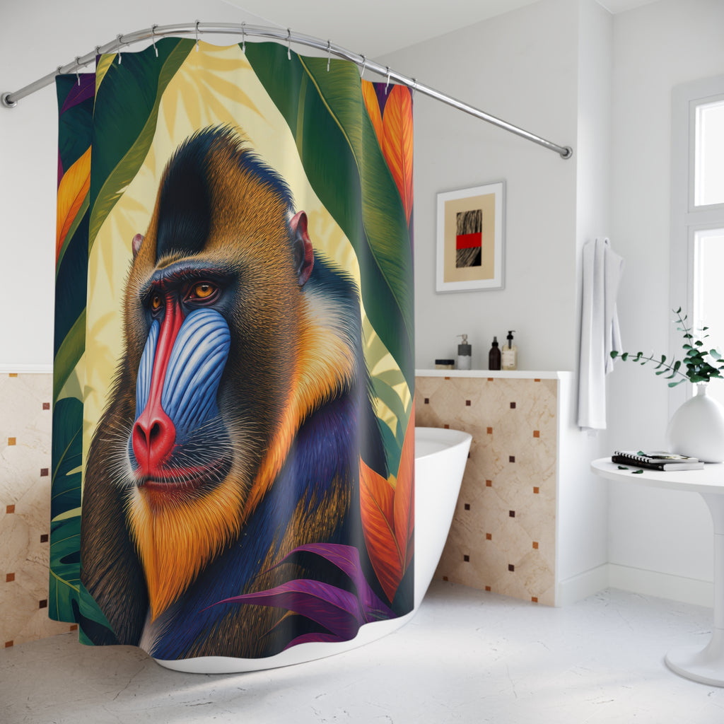 Colorful mandrill animal portrait framed by tropical leaves shower curtain beside a freestanding tub
