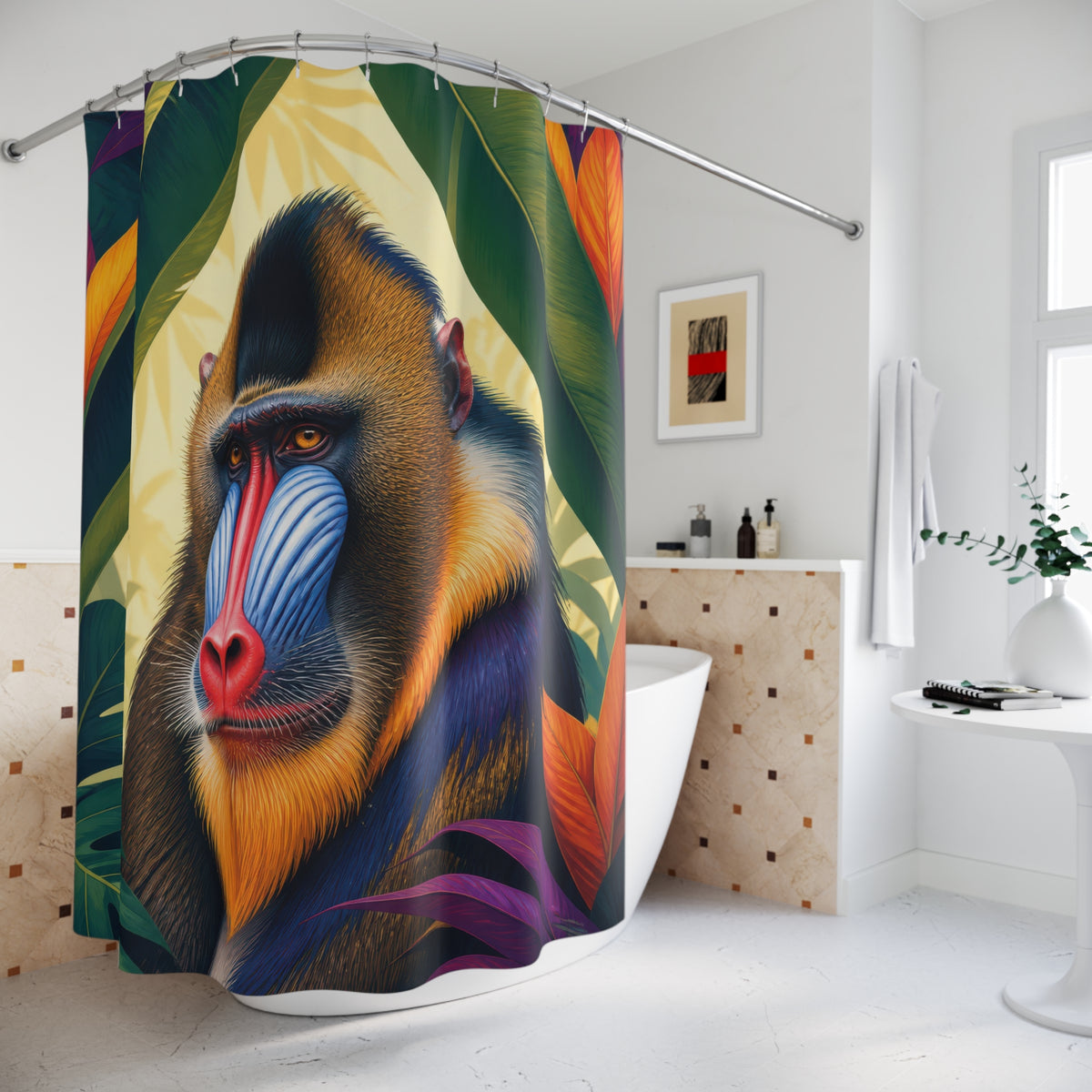 Colorful mandrill animal portrait framed by tropical leaves shower curtain beside a freestanding tub