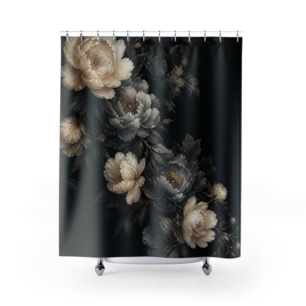 Ivory and smoky grey peonies cascading diagonally on black shower curtain, full front view