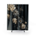 Ivory and smoky grey peonies cascading diagonally on black shower curtain, full front view