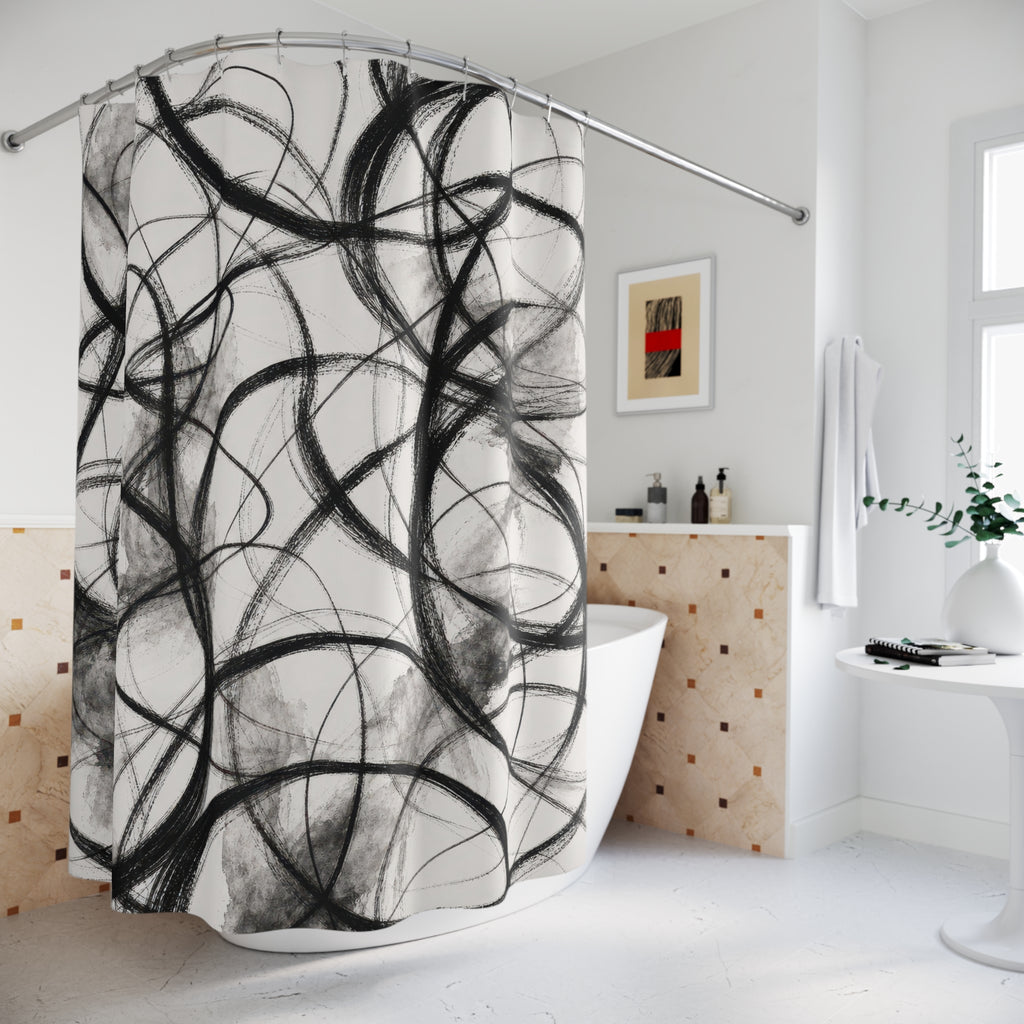 Black White Scribble Line Shower Curtain