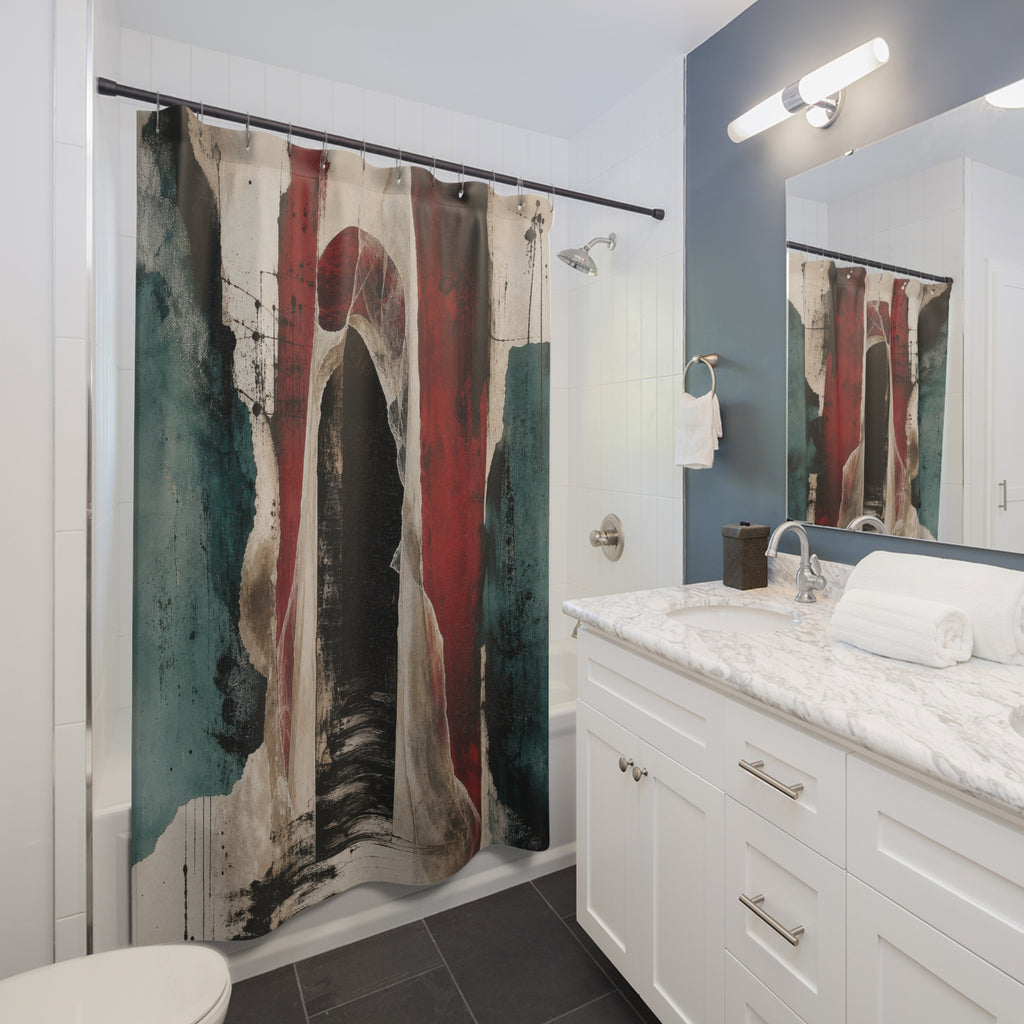 Abstract Shower Curtain, Dark Archway Art, Red Black Teal Bathroom Decor, Gothic Doorway Mood, Modern Guest Bath, Moody Wall Art Style