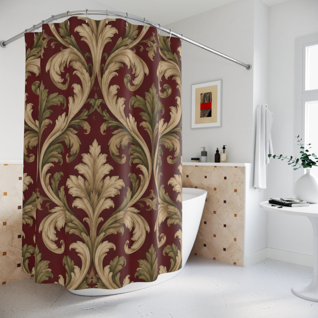 Cream and olive acanthus scrolls on burgundy shower curtain beside a freestanding tub