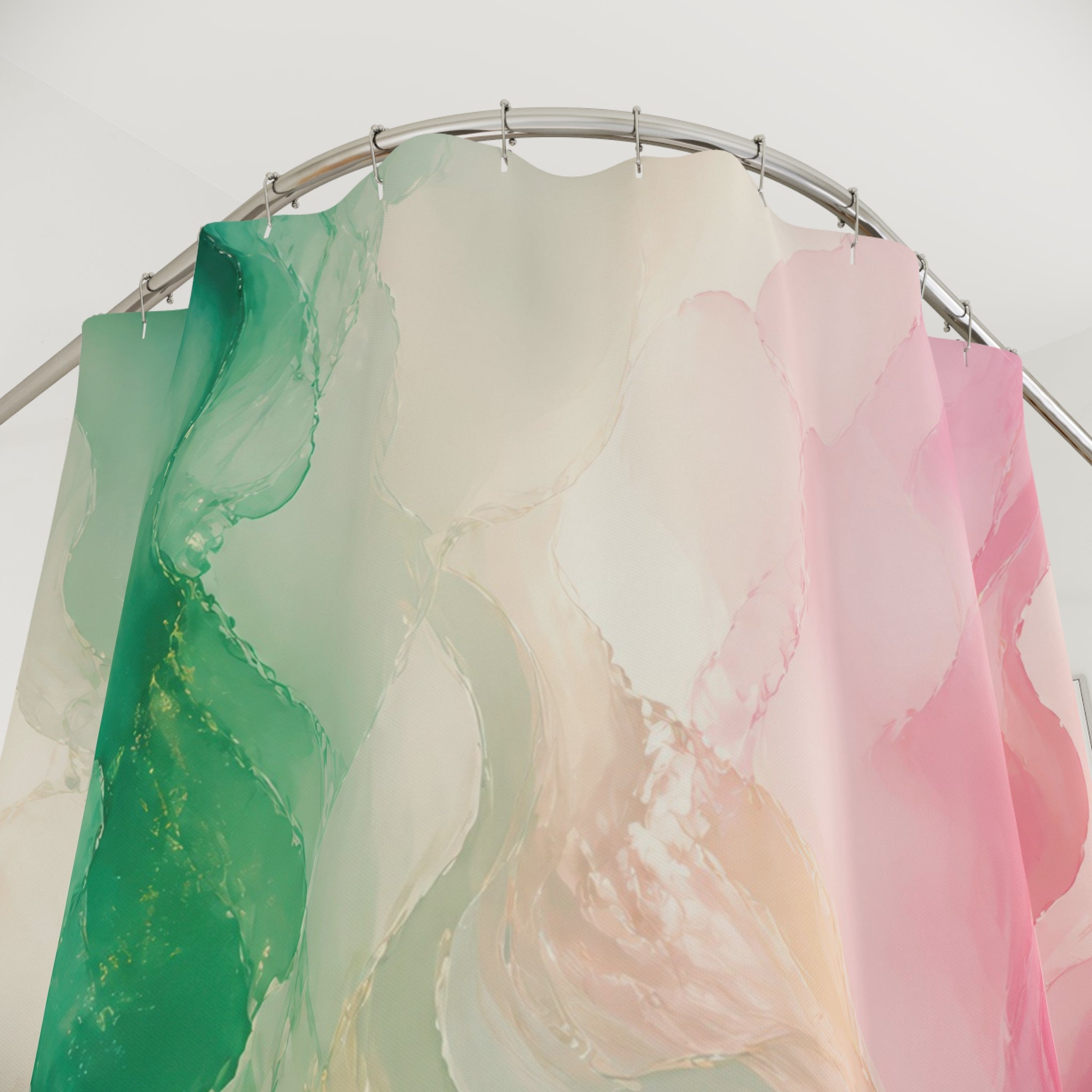 Green and pink sweeping ribbon color field shower curtain with close-up print, hooks, and folds