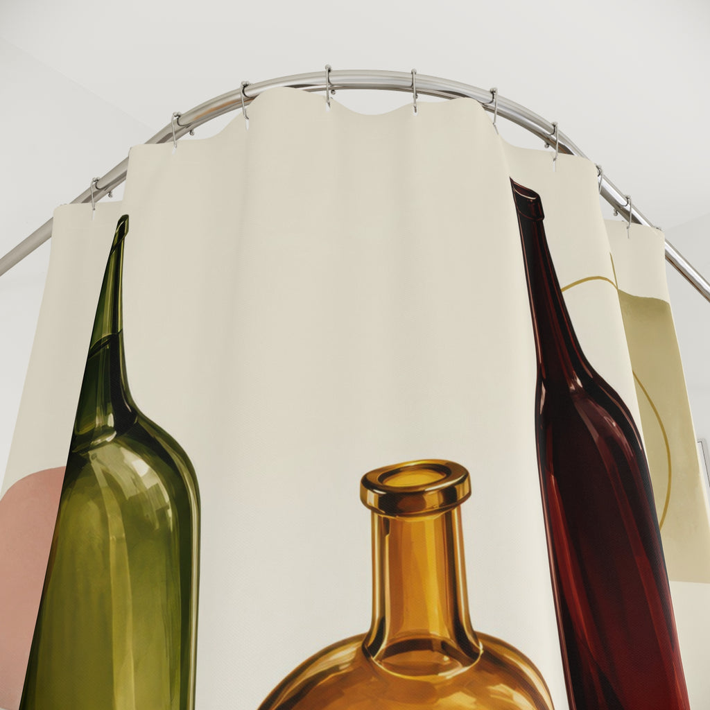 Green amber and burgundy wine bottle still life shower curtain with close-up print, hooks, and folds