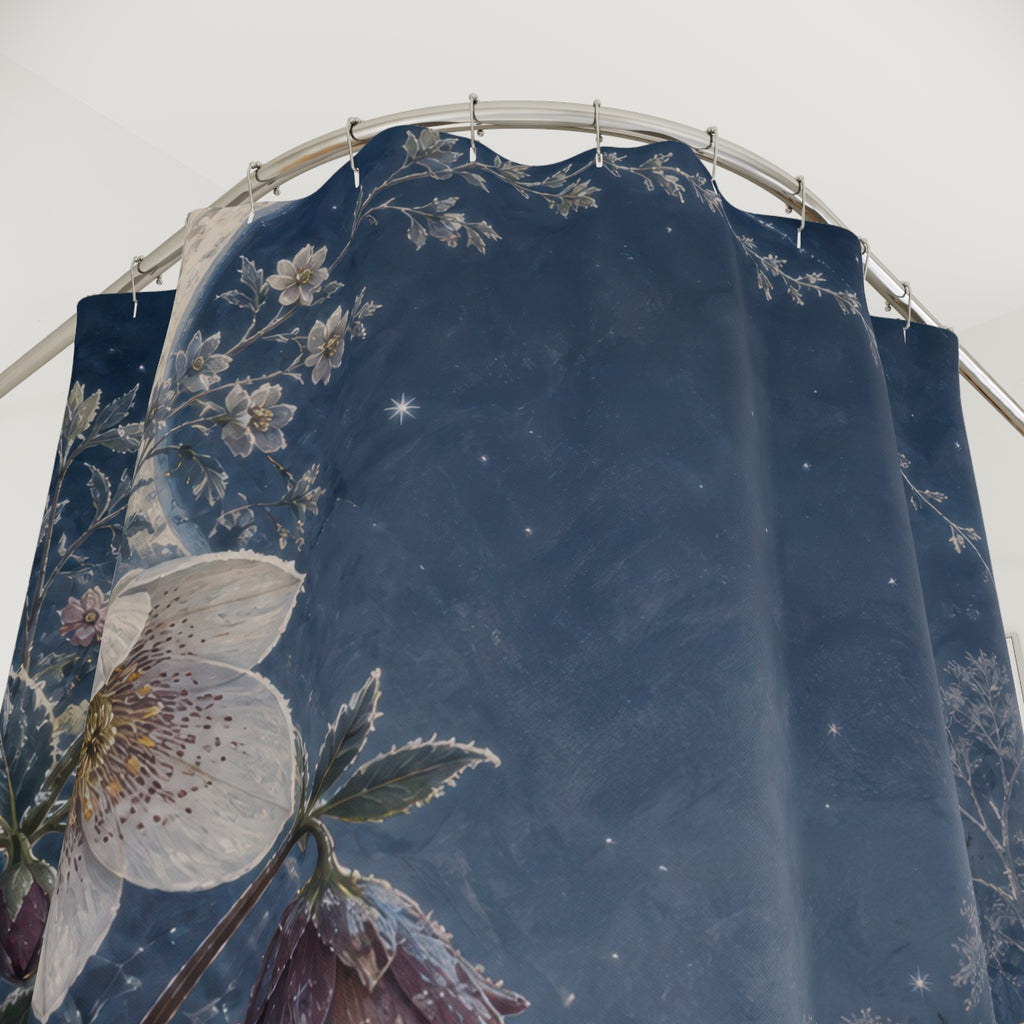 Moonlit winter hellebores in a snowy blue garden shower curtain with close-up print, hooks, and folds
