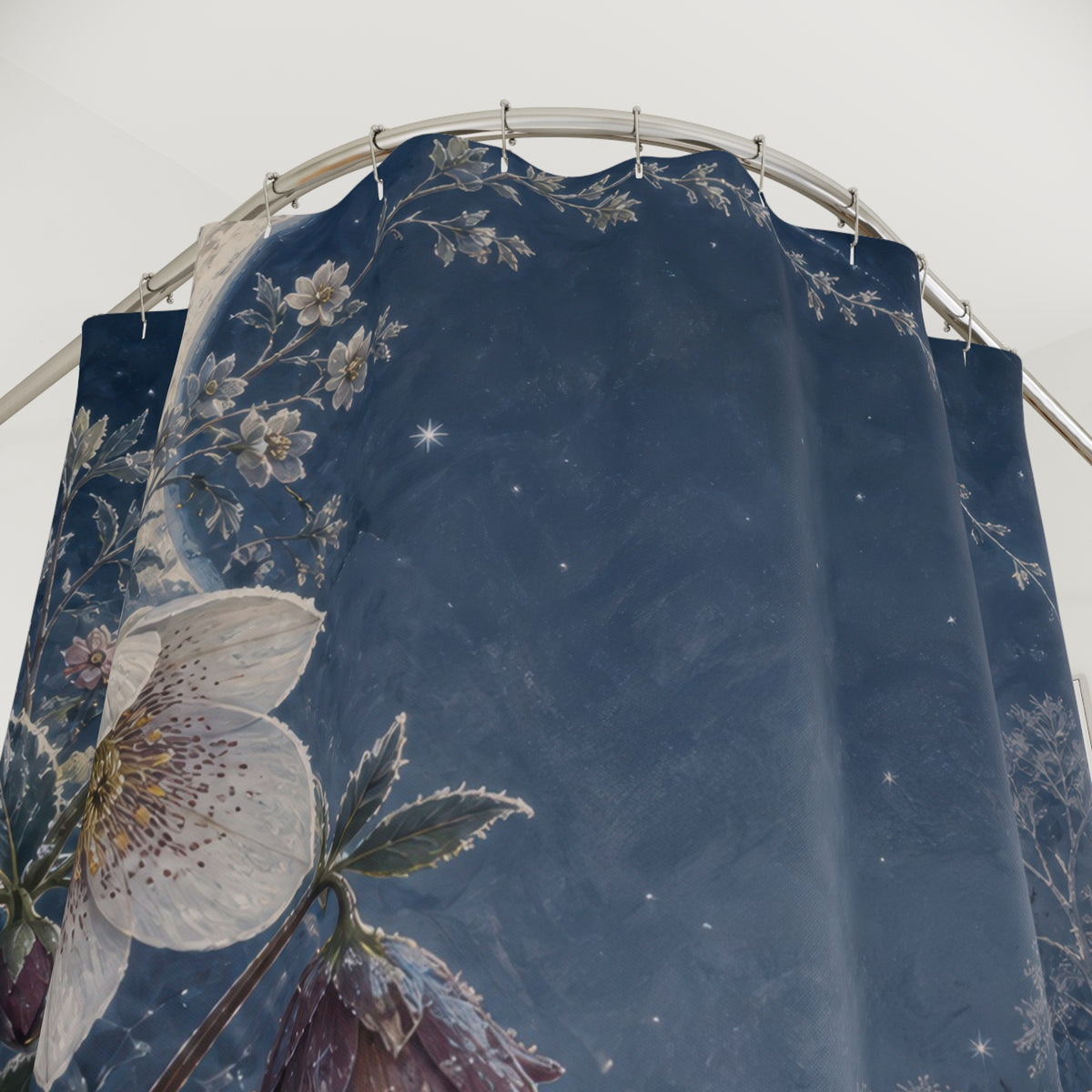Moonlit winter hellebores in a snowy blue garden shower curtain with close-up print, hooks, and folds