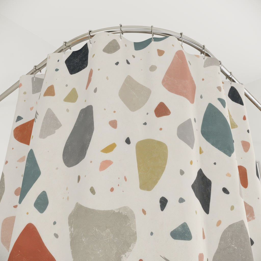 Terrazzo Shower Curtain, Coral Black Beige Speckled Abstract Stone Look, Modern Geometric Art Bathroom Decor, Warm Neutral Bath Style