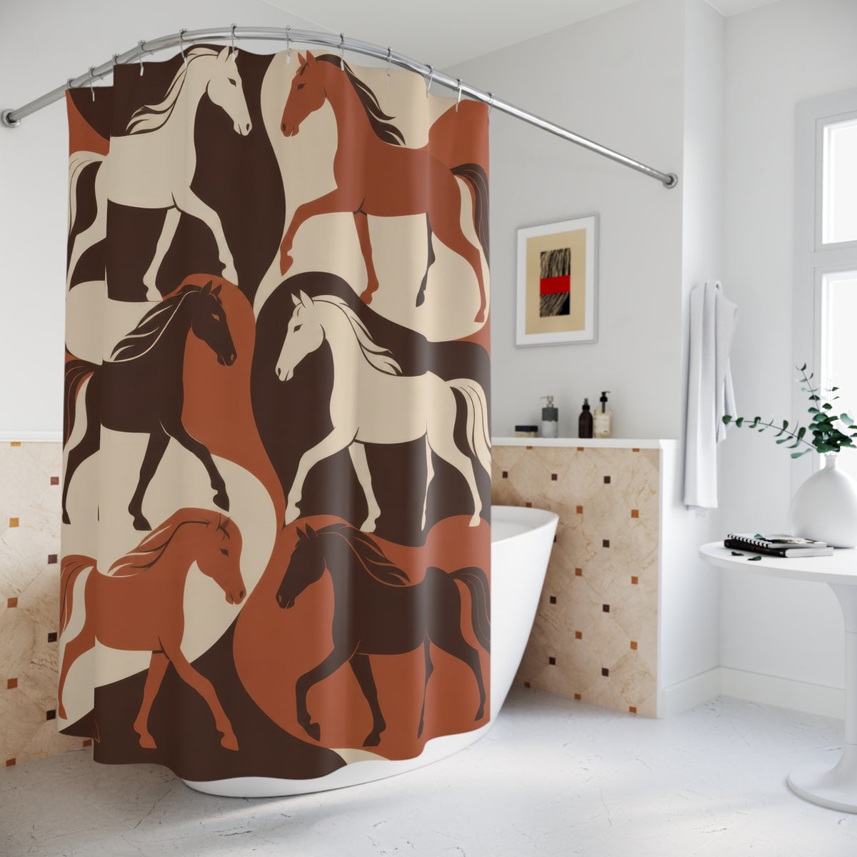 Cream, terracotta and brown interlocking horse silhouettes shower curtain beside a freestanding tub