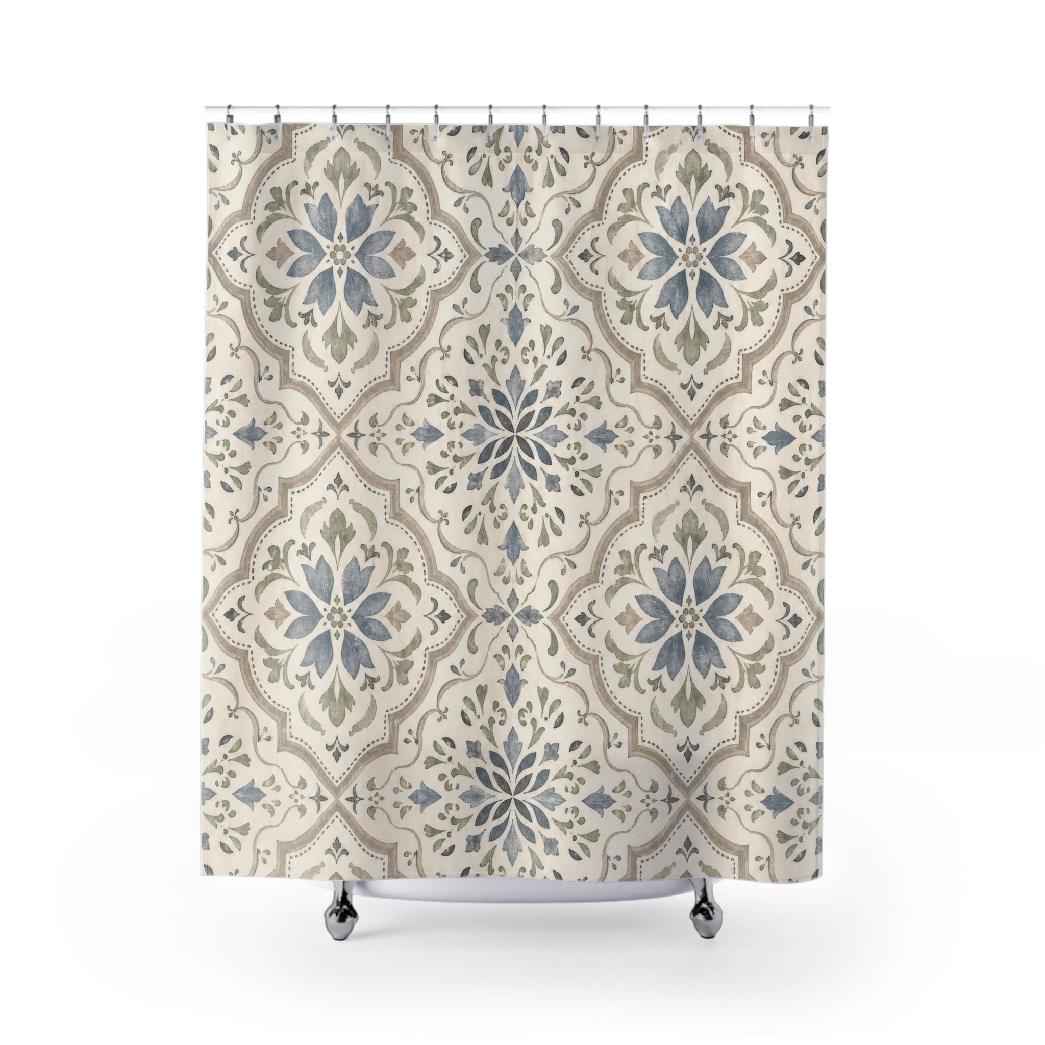 Blue Sage Moroccan Medallion Tile Geometric Farmhouse Beige Shower Curtain