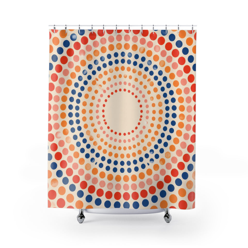 Coral and navy concentric polka dots shower curtain with full front view
