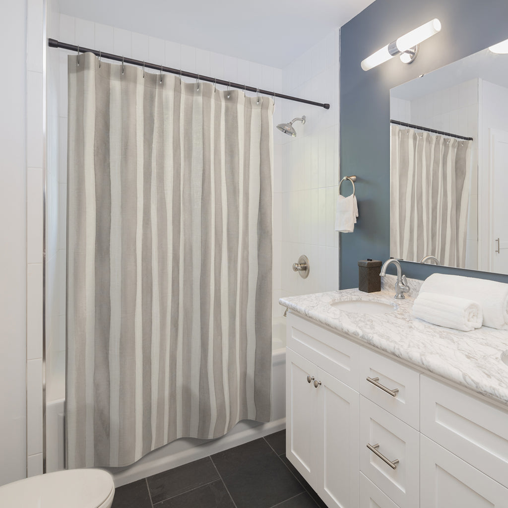 White Watercolor Vertical Stripe Shower Curtain