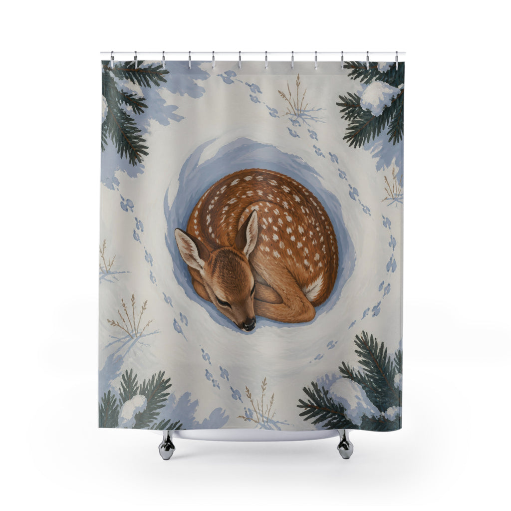 Curled fawn in snowy pine hollow shower curtain with full front view