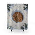 Curled fawn in snowy pine hollow shower curtain with full front view