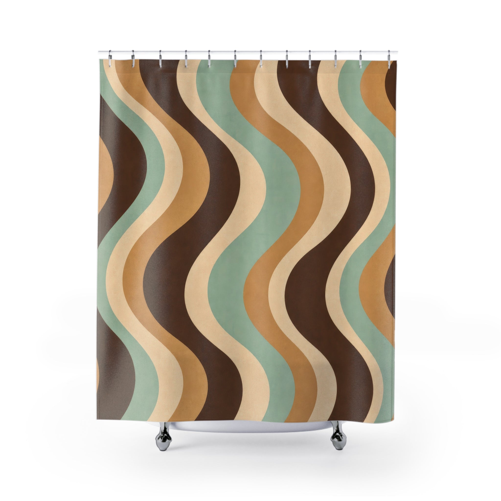 Retro Shower Curtain, Brown Teal Wavy Stripe Pattern, 70s Earth Tone Bathroom Decor, Groovy Guest Bath Wall Gift Idea For Home Style