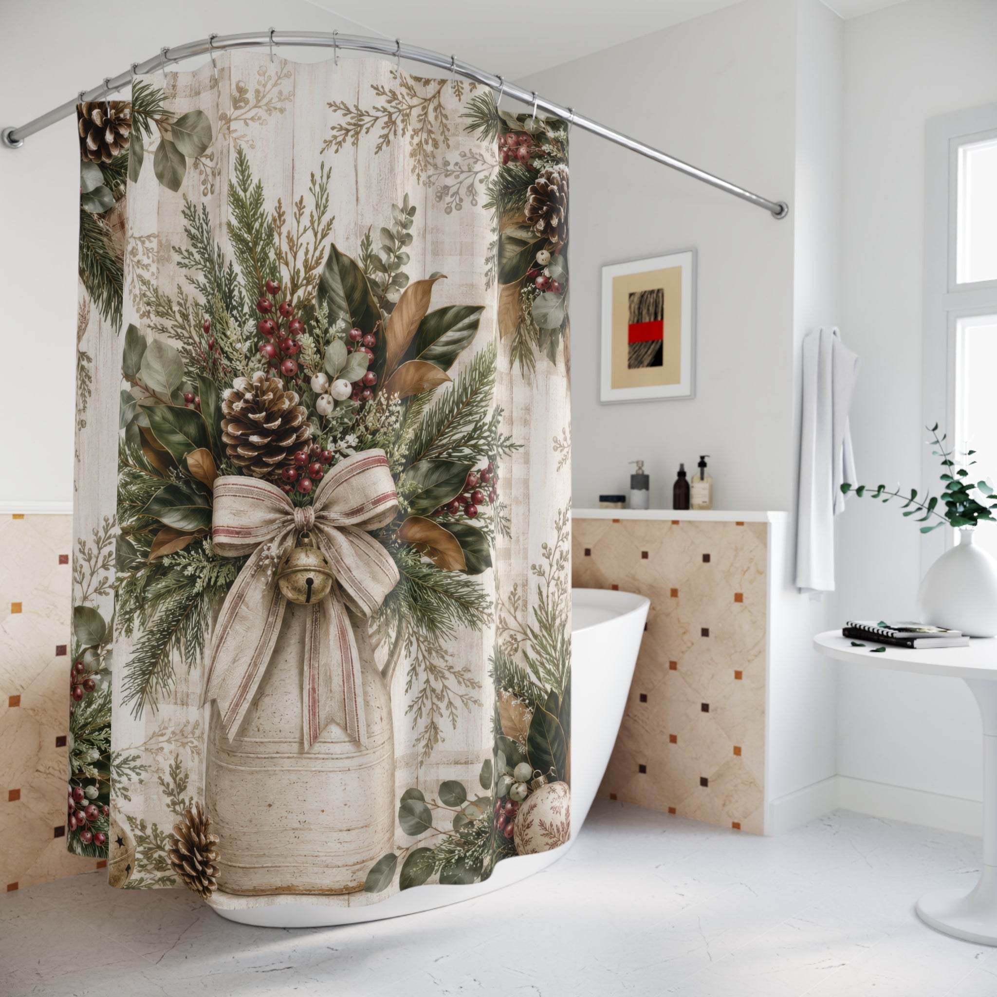 Farmhouse Christmas Shower Curtain: Rustic Holiday Botanical