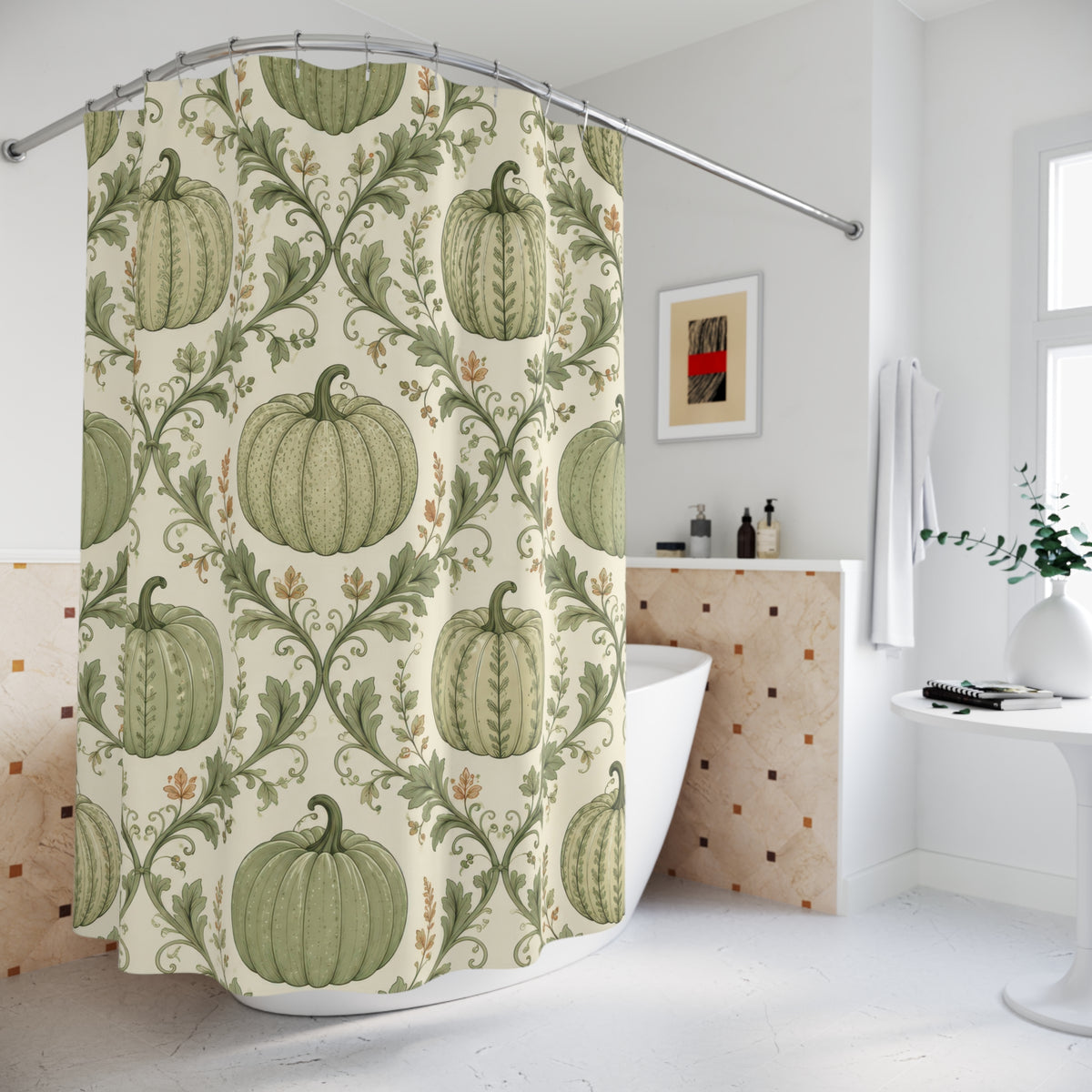Sage green pumpkin and vine lattice shower curtain beside a freestanding tub