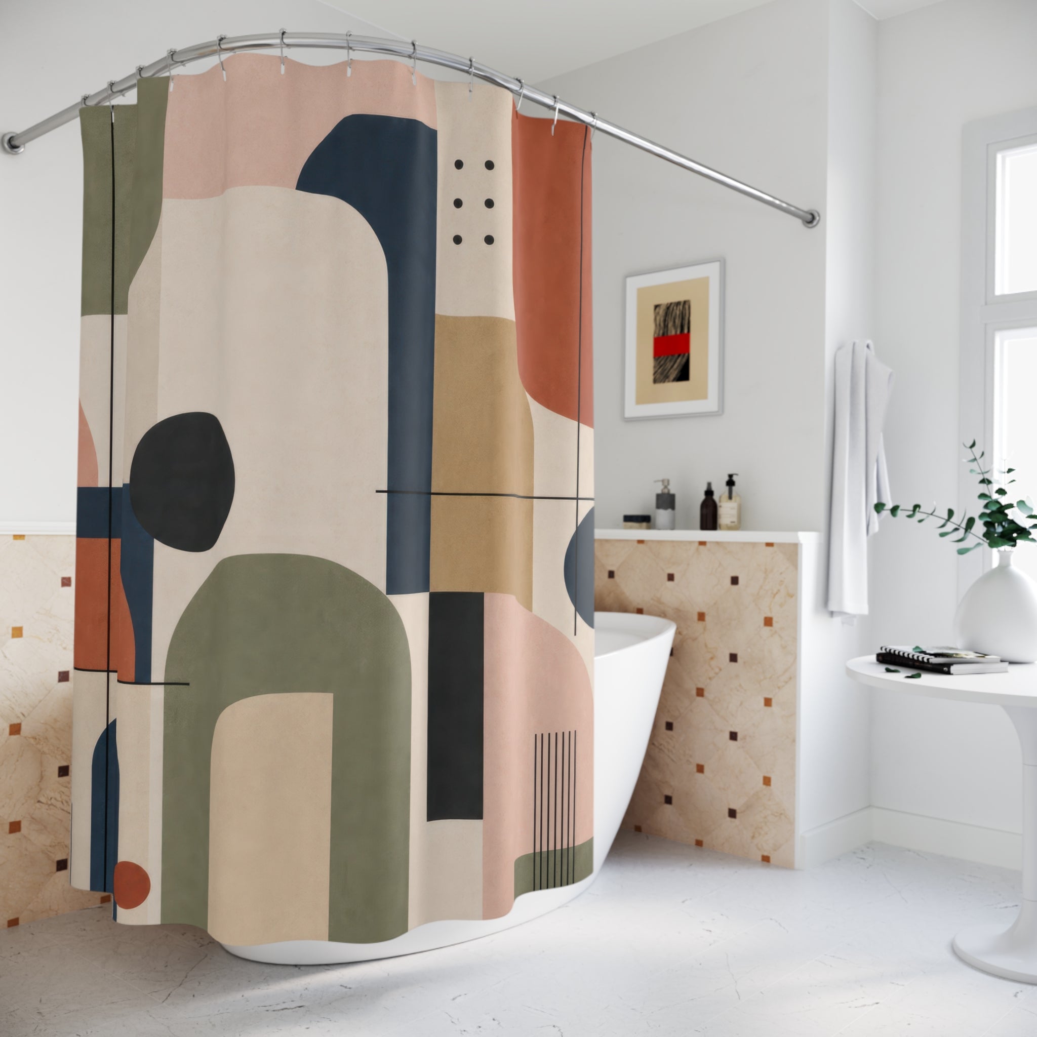 Navy Sage Geometric Shower Curtain